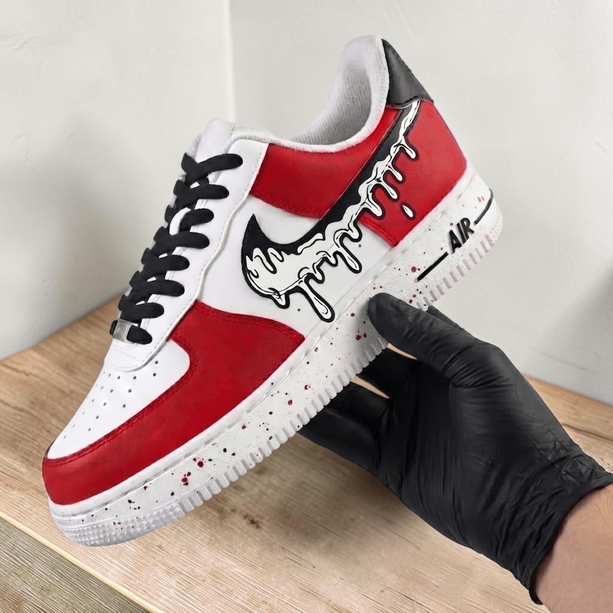Red Custom AF1 Cartoon Drip Sneakers, Hand Painted Red and White AF1, Custom 2D Effect Sneakers, Comic Style Custom Kicks. - gallery image 1