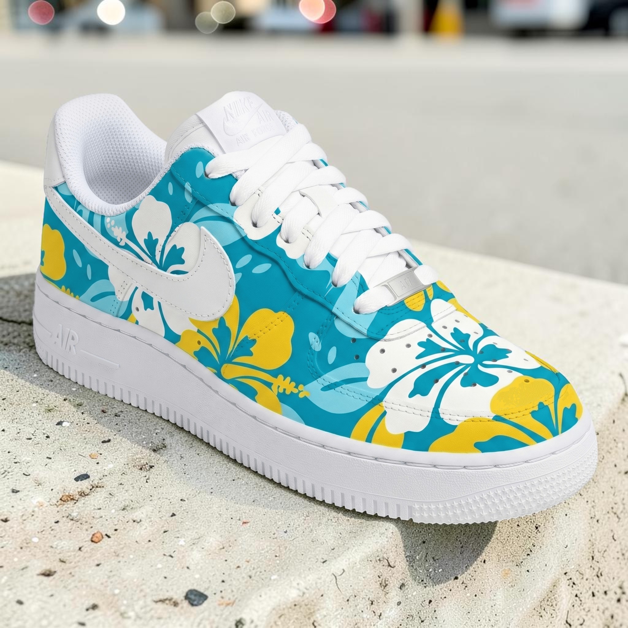 Custom Teal Floral AF1 Sneakers, Hand Painted Yellow & White Tropical Floral Shoes, Summer Beach Vibe Footwear. - gallery image 1