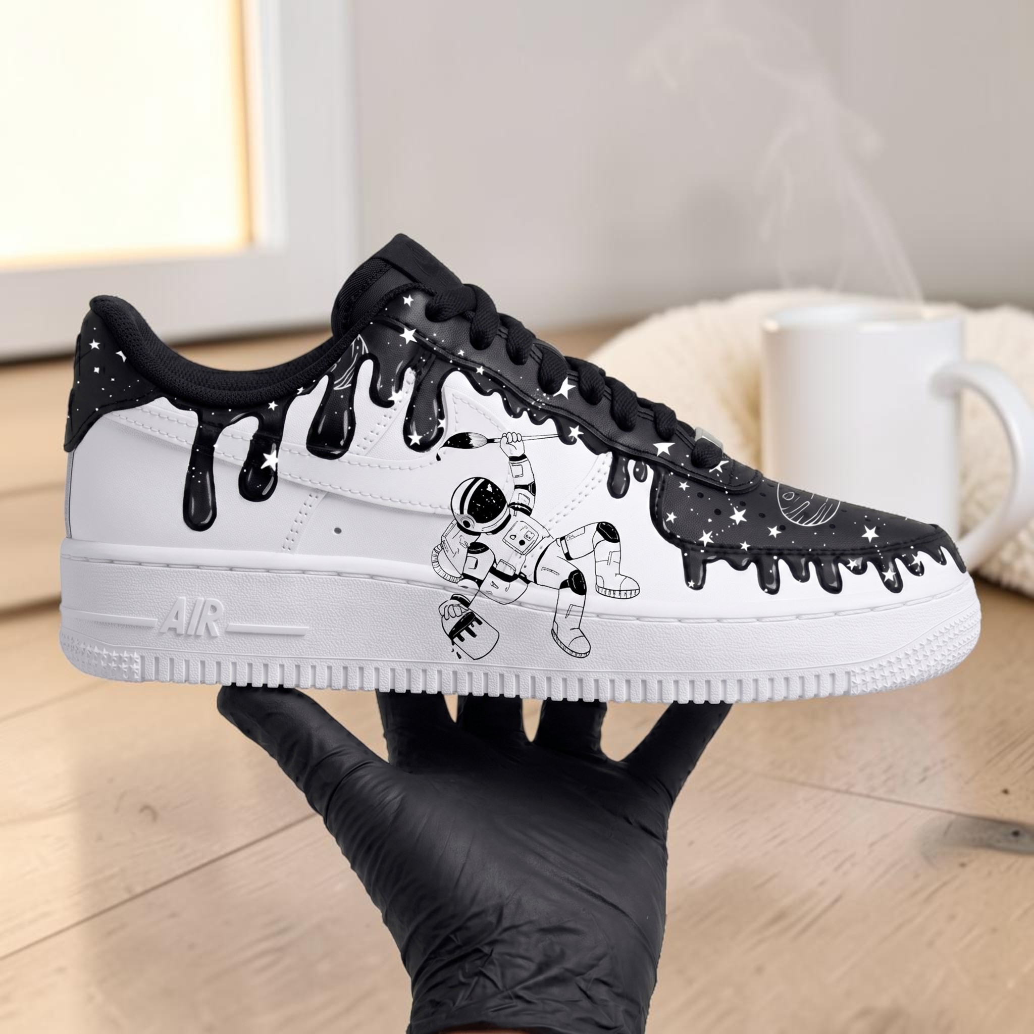 Custom Astronaut Galaxy Black Drip AF1 Sneakers, Hand-Painted Space Universe Sneakers, Black and White Astronaut Custom AF1. - gallery image 2