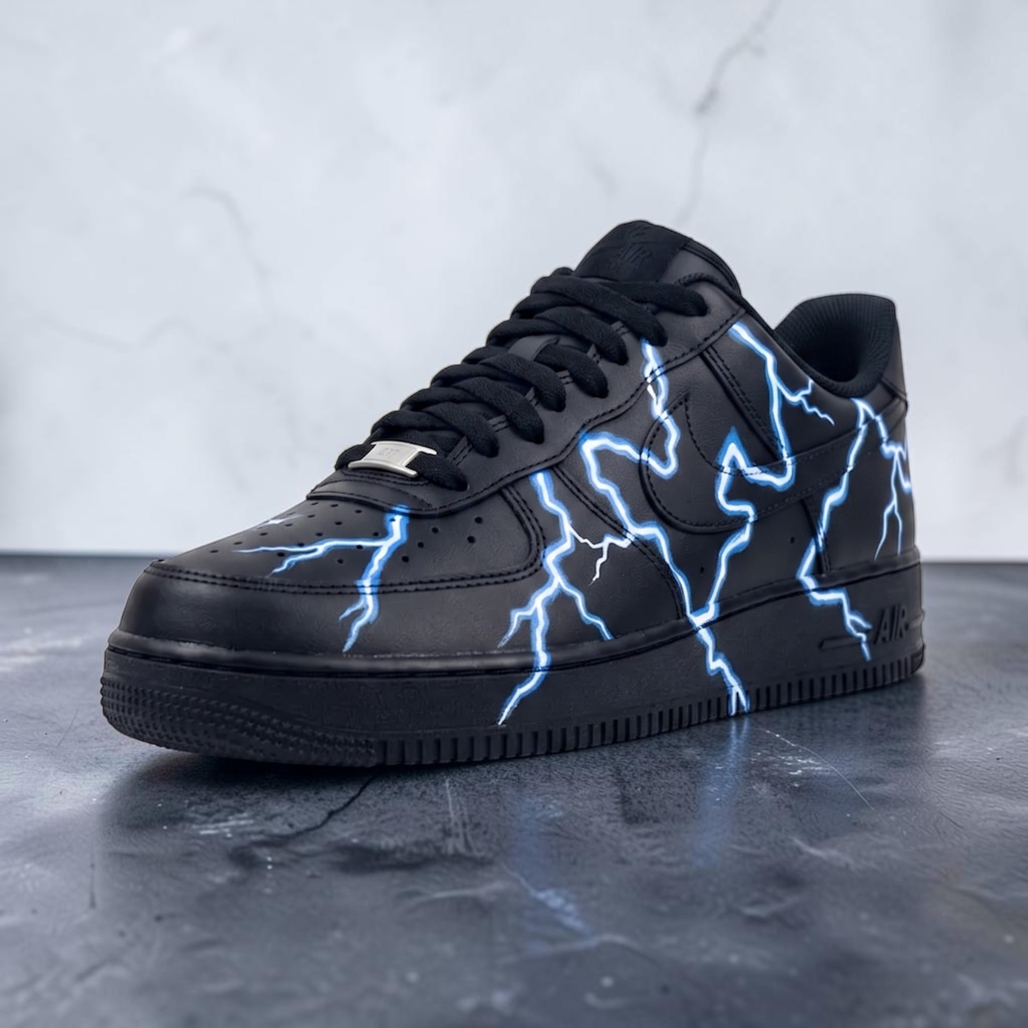 Custom Blue Lightning AF1 Sneakers, Hand Painted Black Shoes, Lightning Effect AF1 Sneakers, Unique Streetwear Style. - gallery image 2