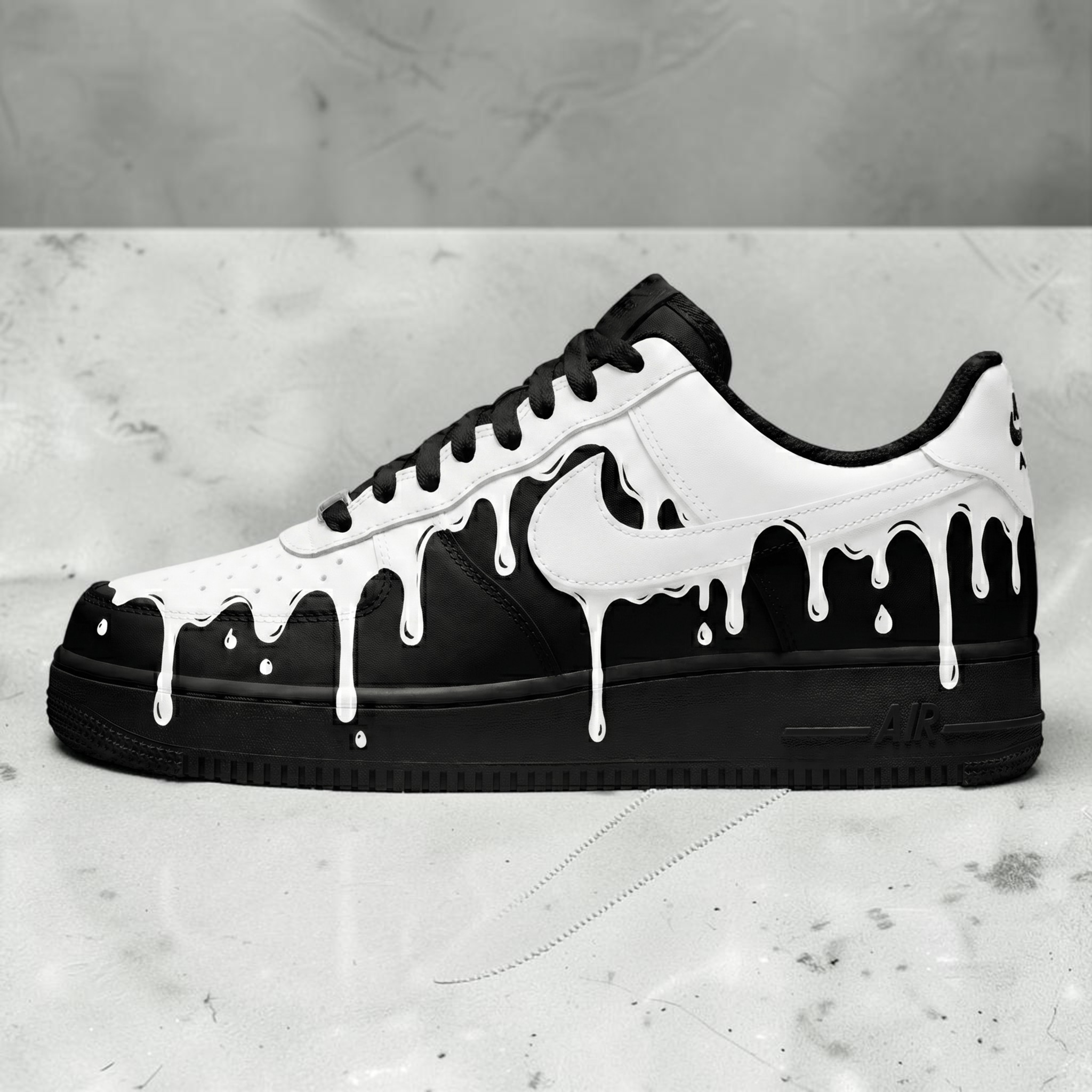 Custom White Melting Black AF1 Sneakers, Hand Painted White Drip AF1 Shoes, Unique Streetwear Shoes. - gallery image 3