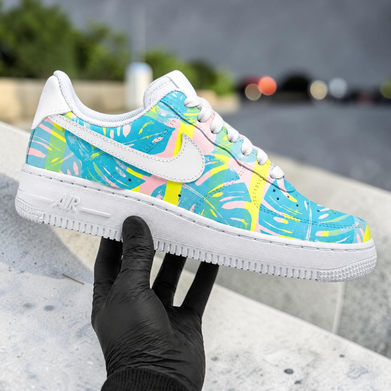 Custom Monstera Leaf AF1 Sneakers, Hand Painted Pastel Striped Summer White Shoes, Summer Vibes Custom Sneakers. - thumbnail