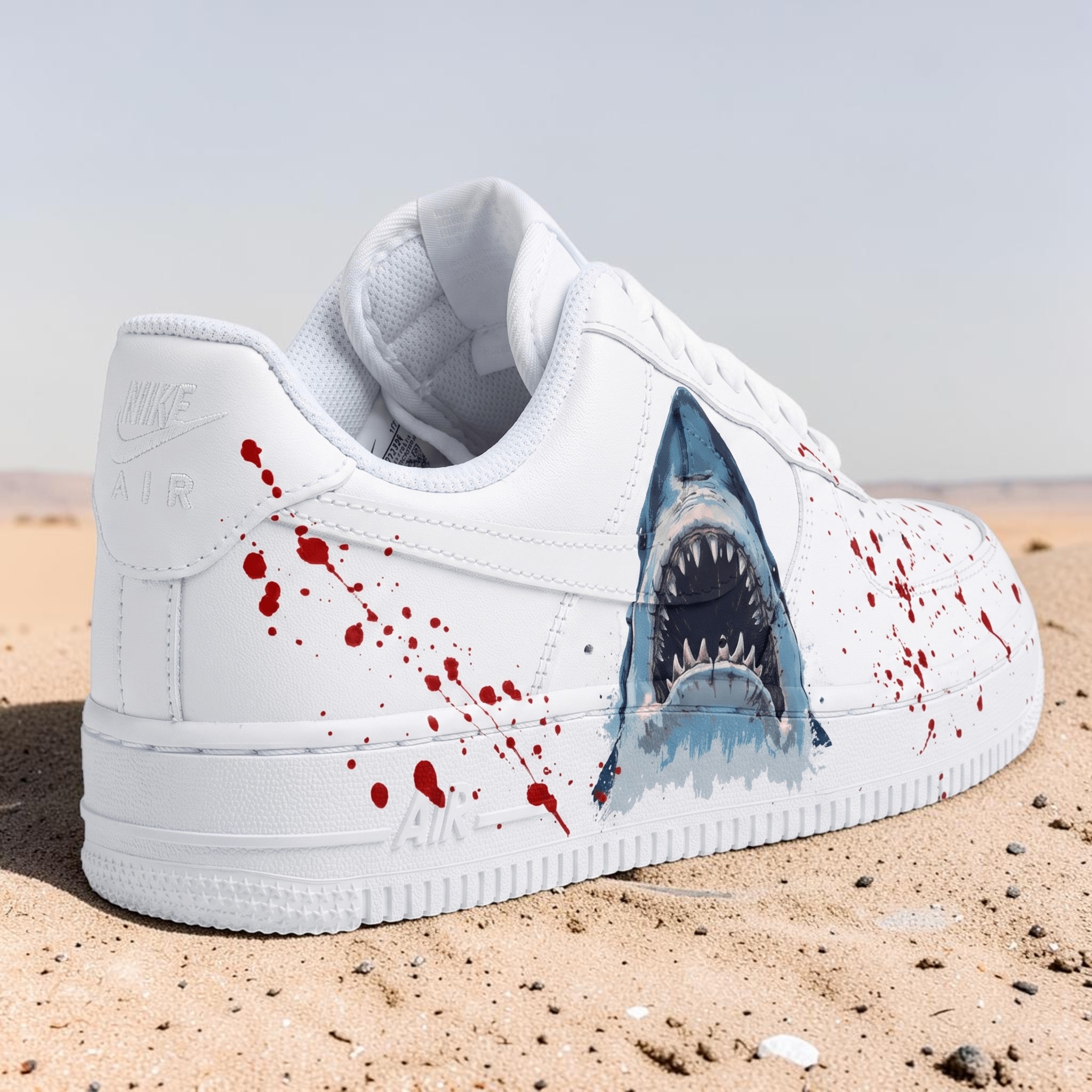 Custom White Shark AF1 Sneakers, Hand Painted Shark Attack Shoes, Blood Splatter Effect AF1, Horror Style Shoes. - gallery image 3