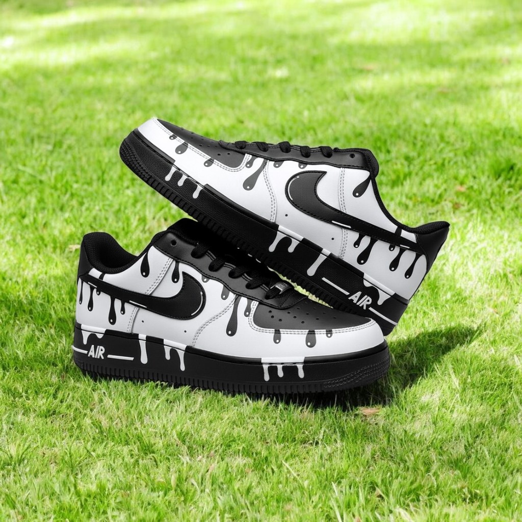 Black White Drip Custom Air Force 1 Sneakers, Hand Painted Black White Drip AF1 Shoes, Personalized Black AF1 Shoes - gallery image 2