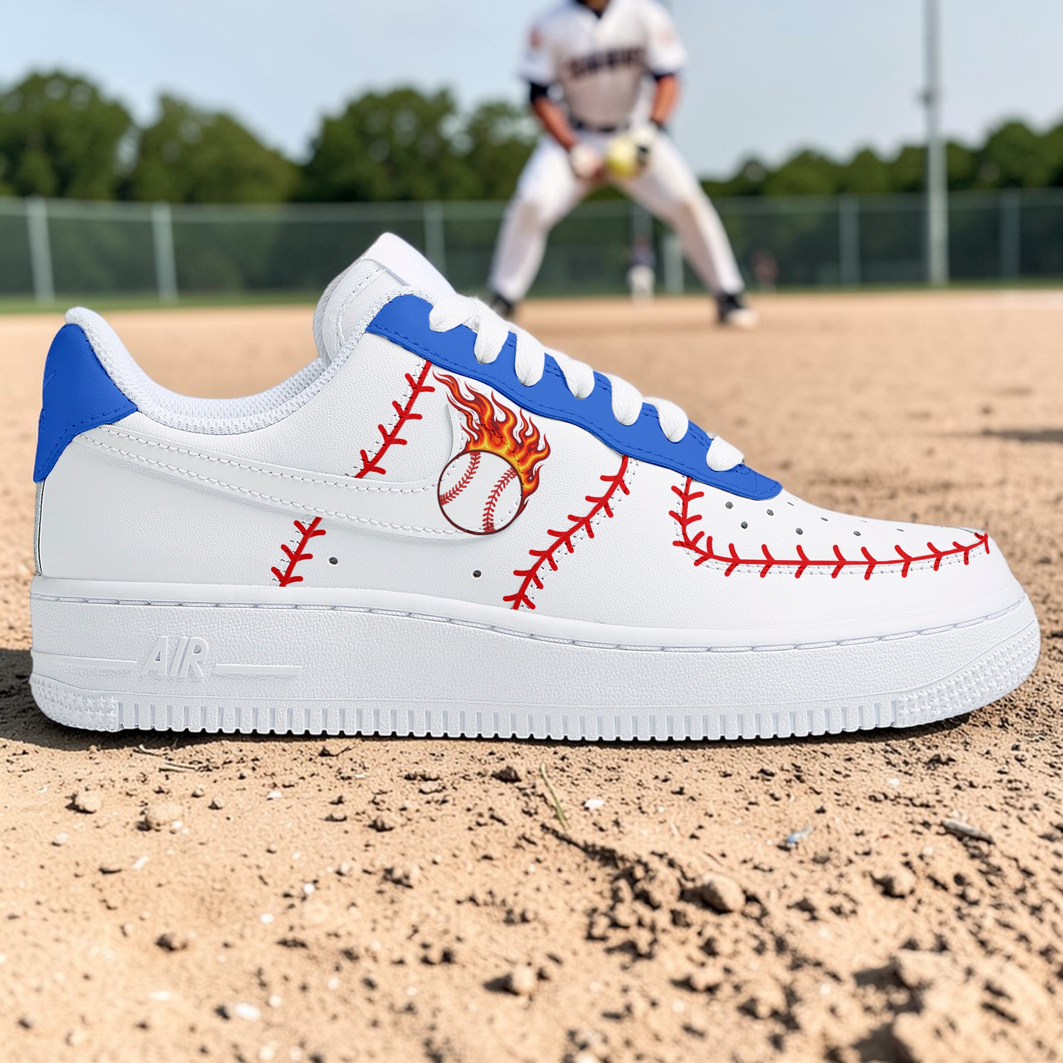 Custom Hand-Painted Baseball AF1 Sneakers, Blue White Sports Shoes - thumbnail