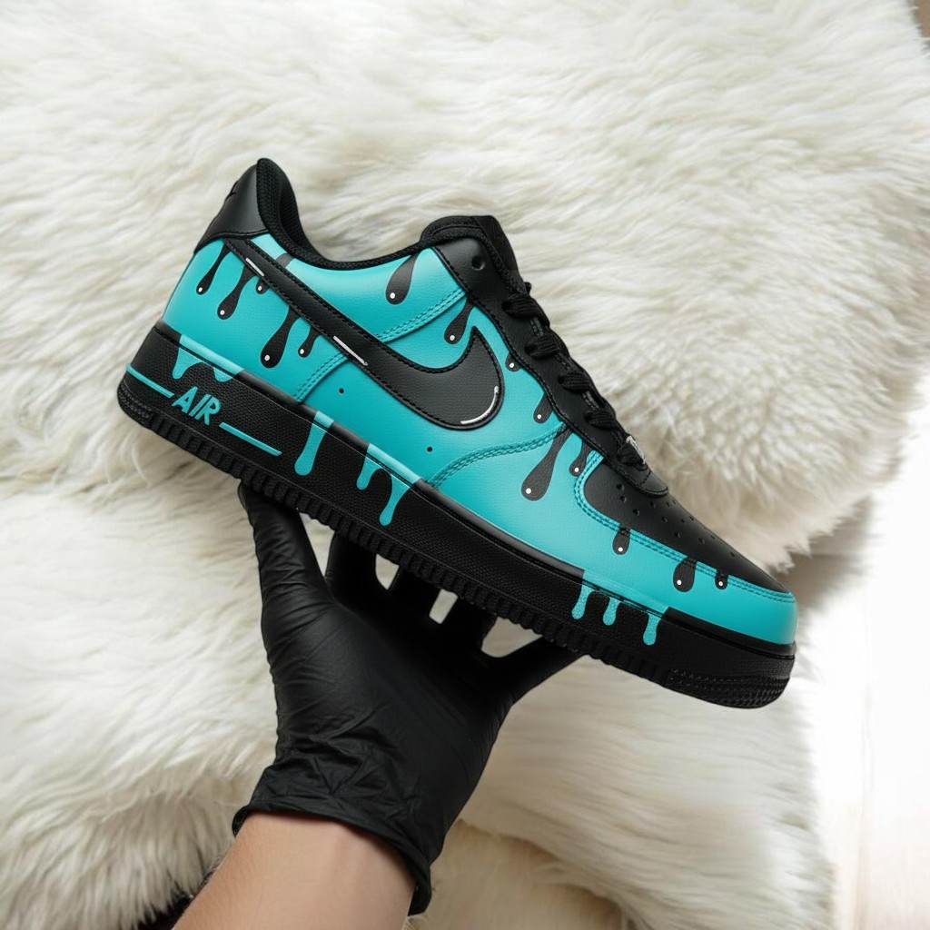 Black Turquoise Drip Custom Air Force 1 Sneakers, Hand Painted Black Turquoise Drip AF1 Shoes, Personalized Black AF1 Shoes - gallery image 1