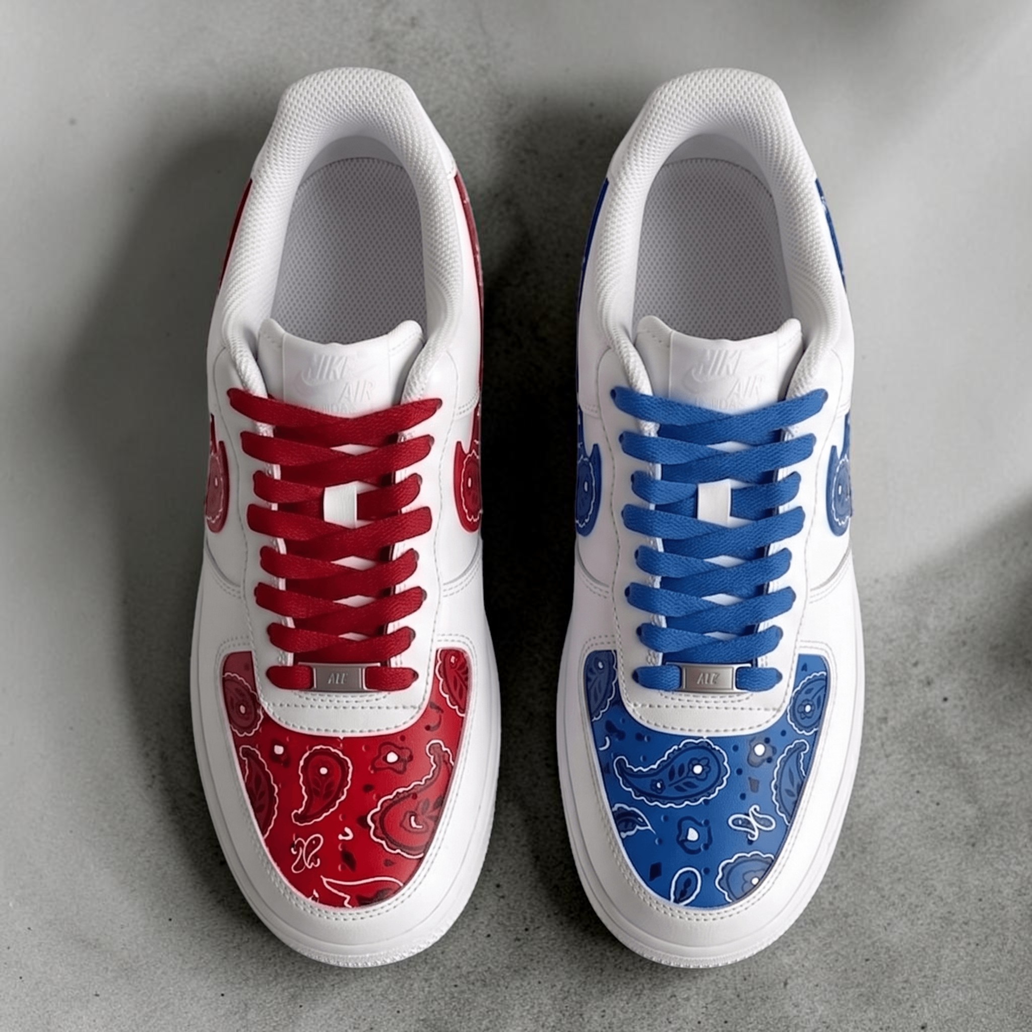 Custom Red and Blue Bandana AF1 Sneakers, Hand Painted Drip Effect Paisley Shoes, Unique White AF1 Sneakers Design, Gifts for Him and Her. - gallery image 4