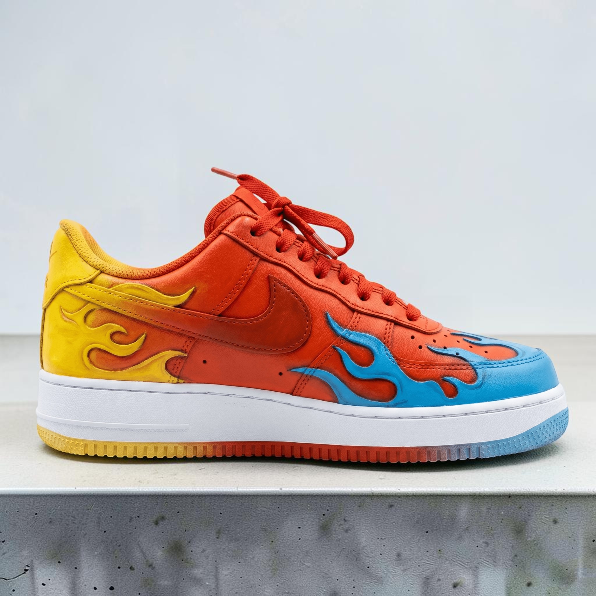 Vibrant Colorful Fire Custom AF1 Sneakers, Hand Painted Teal and Yellow Flame Shoes, Unique Colors AF1 Sneakers, Personalized Gift. - gallery image 1