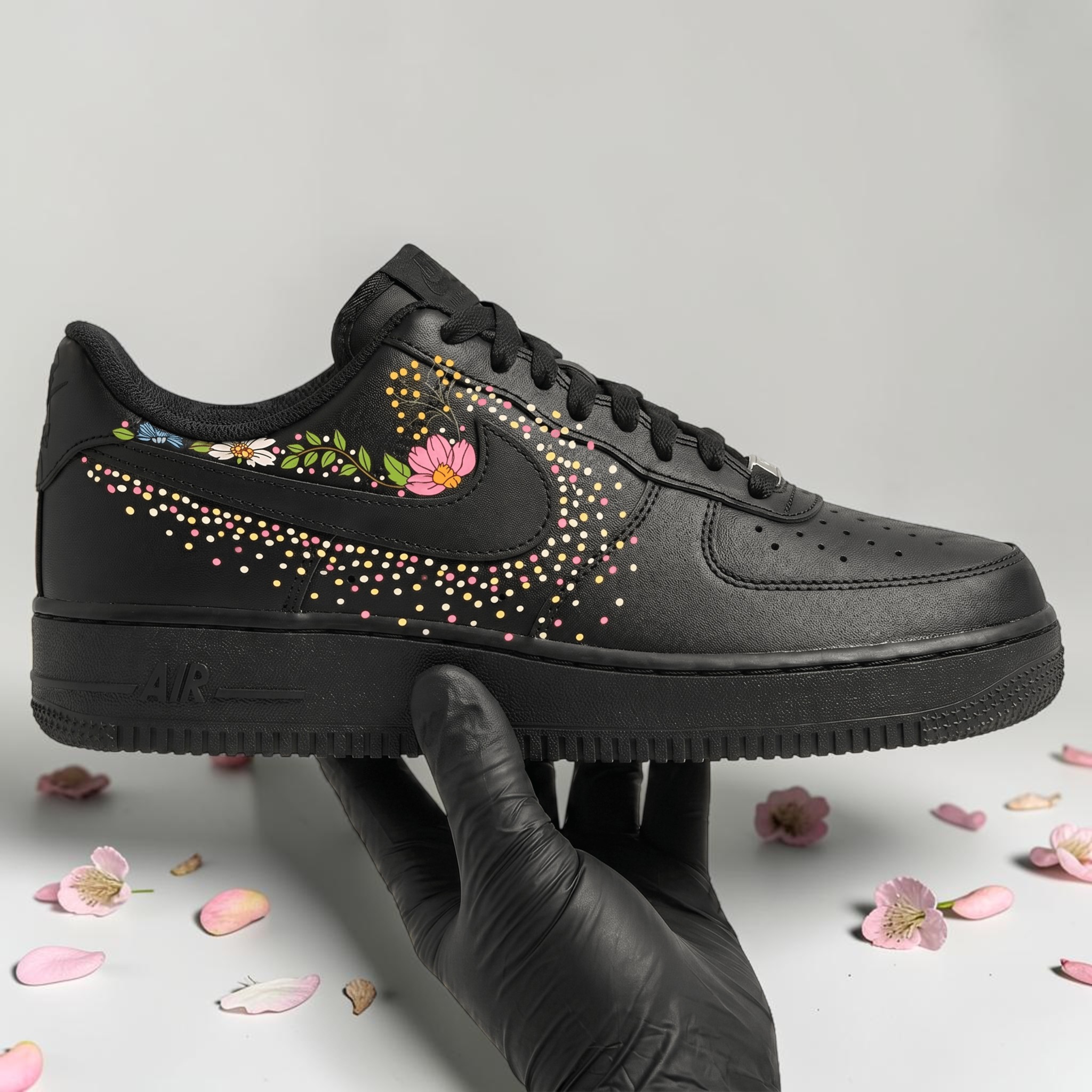 Custom Black Floral AF1 Sneakers, Hand Painted Flower and Dot Sneakers, Wildflower Design AF1 Shoes, Custom Spring Shoes, Gift for Her. - thumbnail