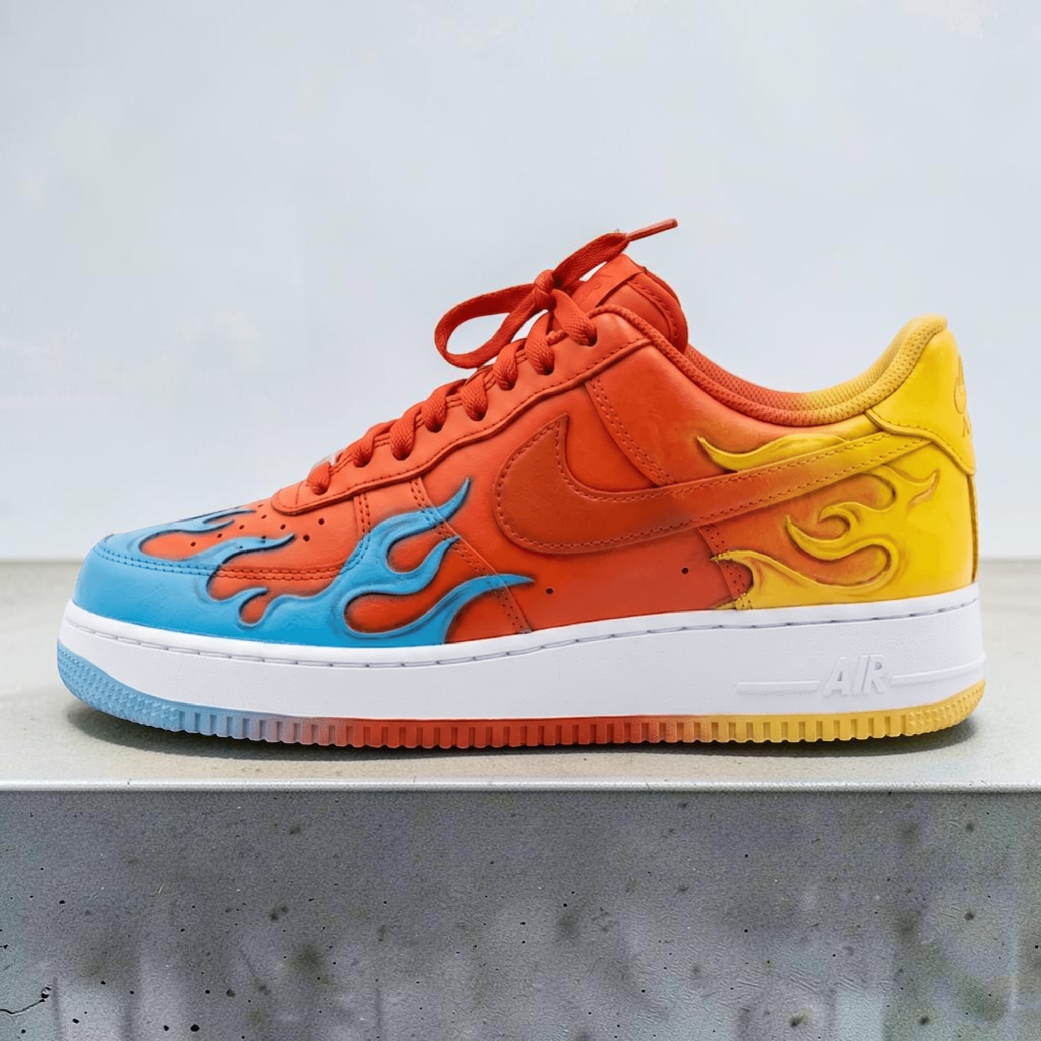 Vibrant Colorful Fire Custom AF1 Sneakers, Hand Painted Teal and Yellow Flame Shoes, Unique Colors AF1 Sneakers, Personalized Gift. - gallery image 4