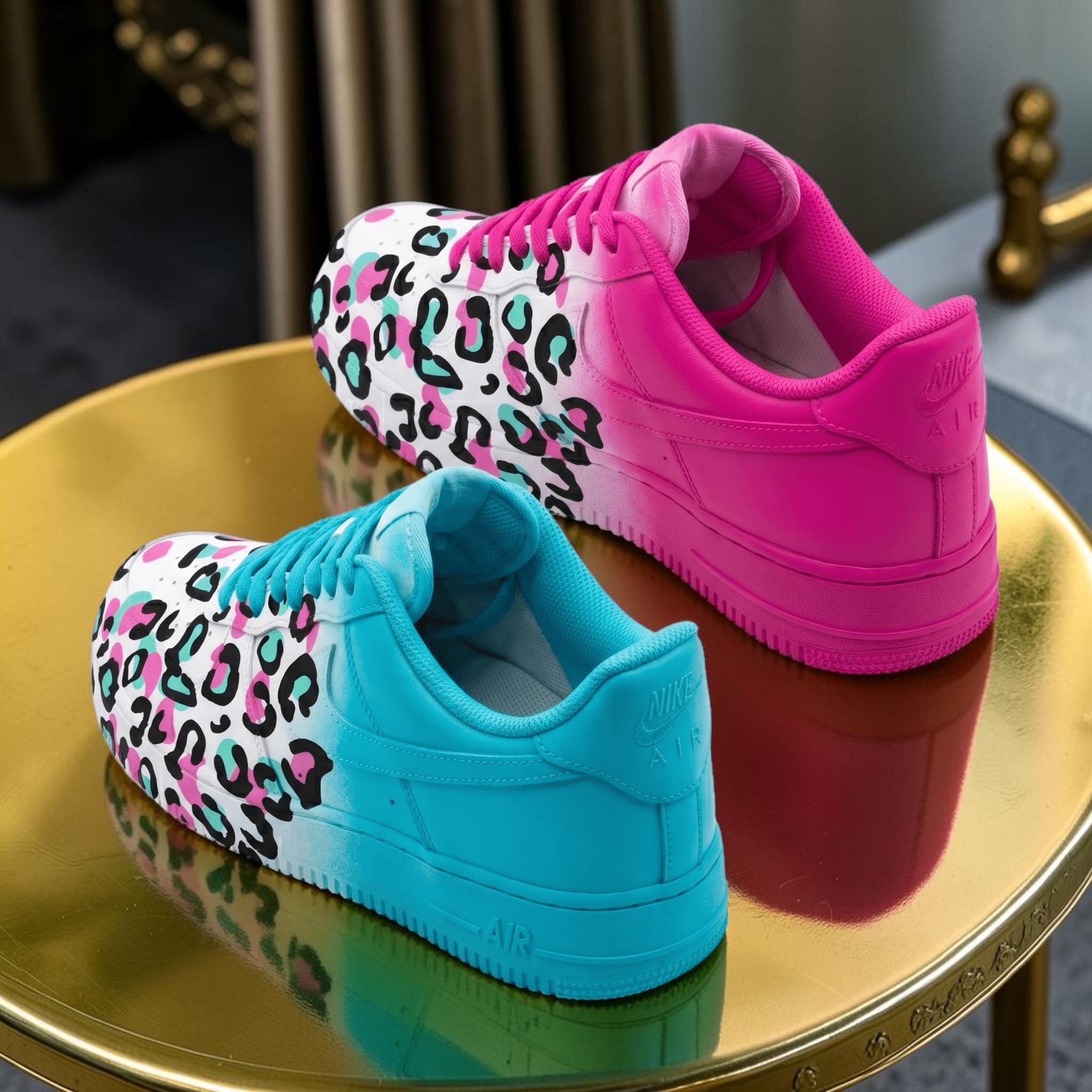 Custom Pink & Blue Leopard AF1 Sneakers, Hand Painted Pink and Blue Leopard Shoes, Streetwear Colorful Sneakers, Unique Gift for Him Her. - gallery image 1