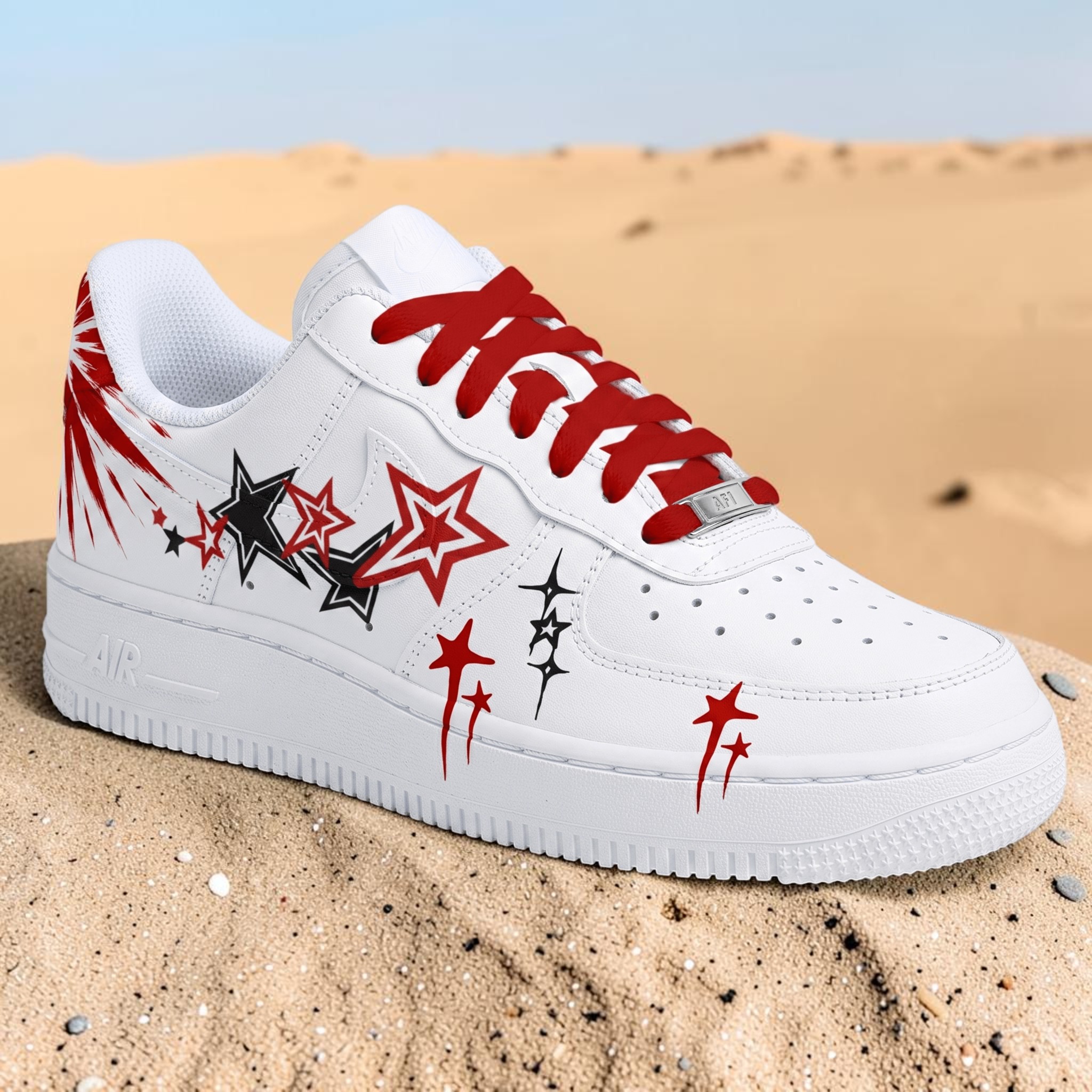 Custom Star AF1 Sneakers, Hand Painted Style Red and Black Stars on White Shoes, Unique Gift for Sneakerheads. - gallery image 3