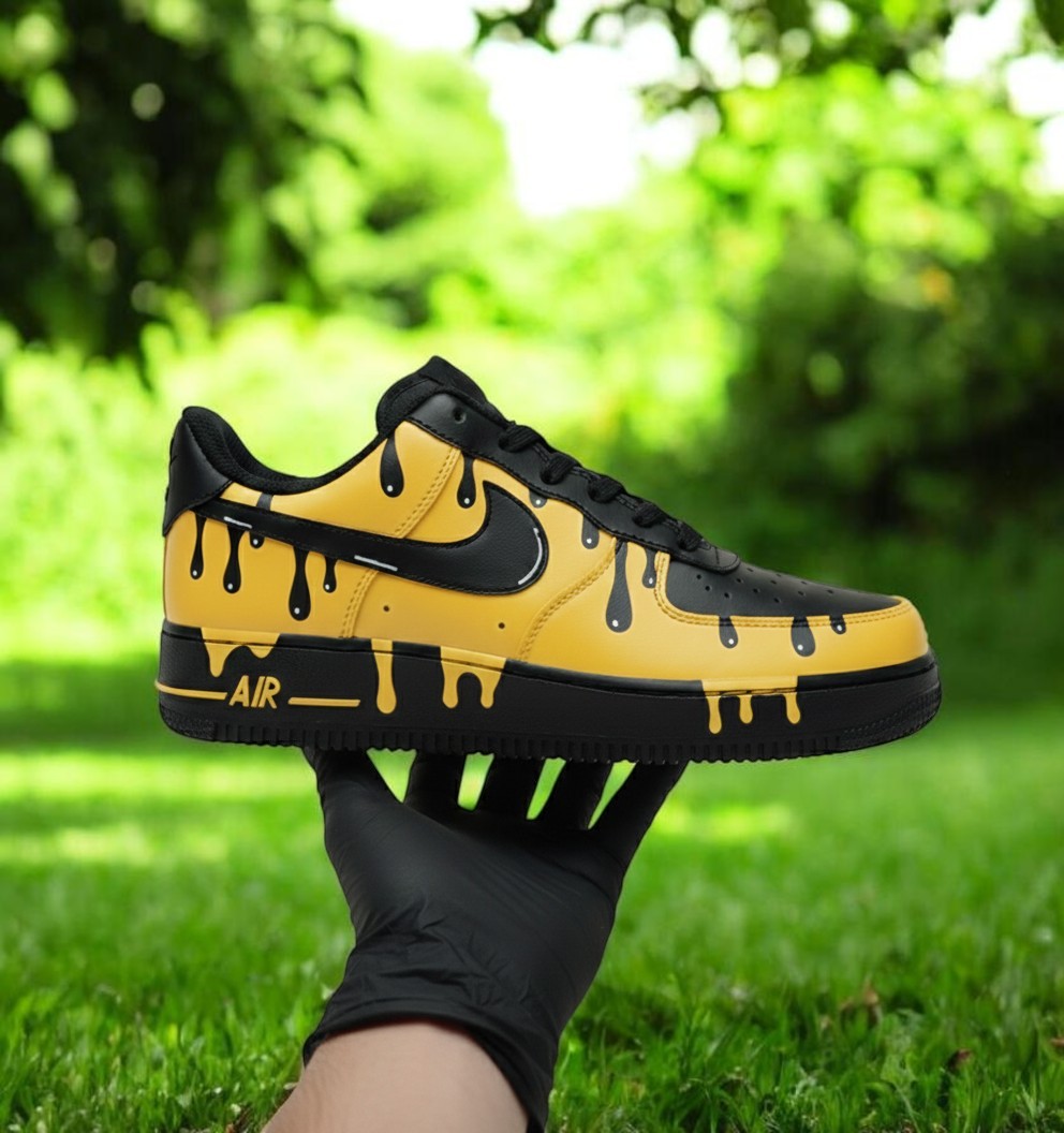 Black Yellow Drip Custom Air Force 1 Sneakers, Hand Painted Black Yellow Drip AF1 Shoes, Personalized Black AF1 Shoes - gallery image 2