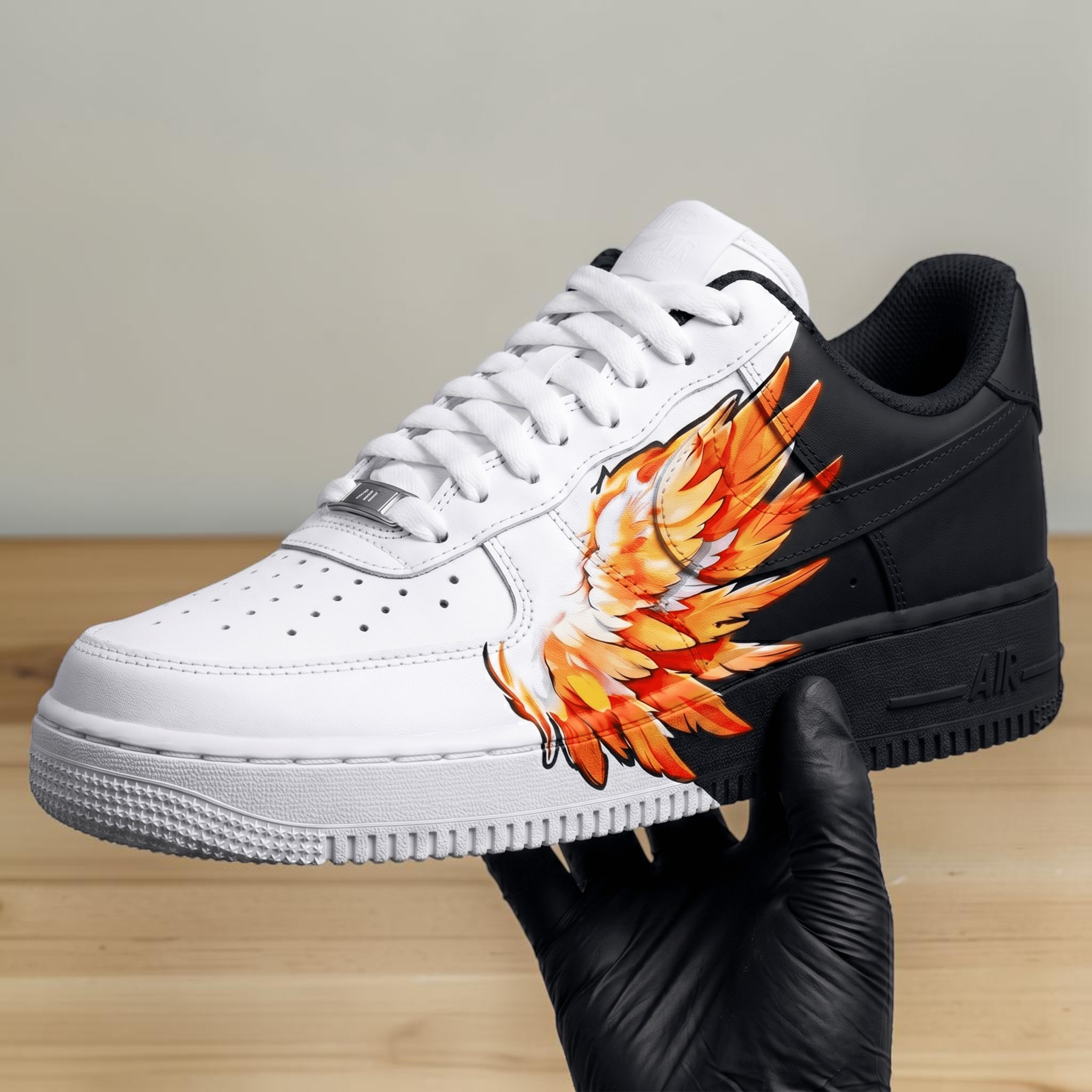 Fire Wing Custom AF1 Sneakers, Hand Painted Phoenix Wing Shoes, Split Black White AF1 Sneakers,Angel Wings AF1 Shoes, Gift for Sneakerheads - gallery image 1