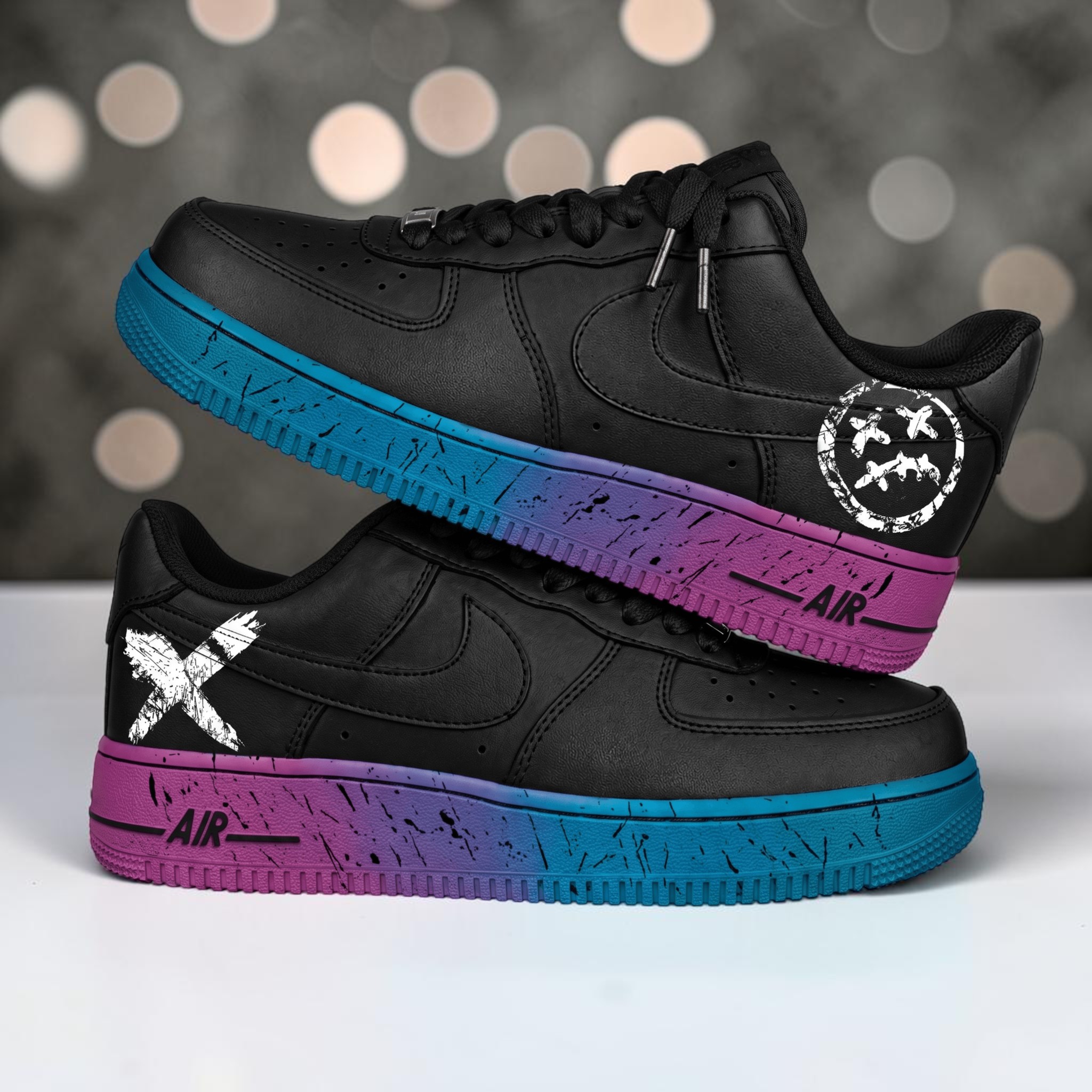 Custom Neon Blue and Pink AF1 Sneakers, Hand-Painted Splatter Black Shoes, Neon Paint Effect on Black AF1, Unique Streetwear Shoes. - thumbnail