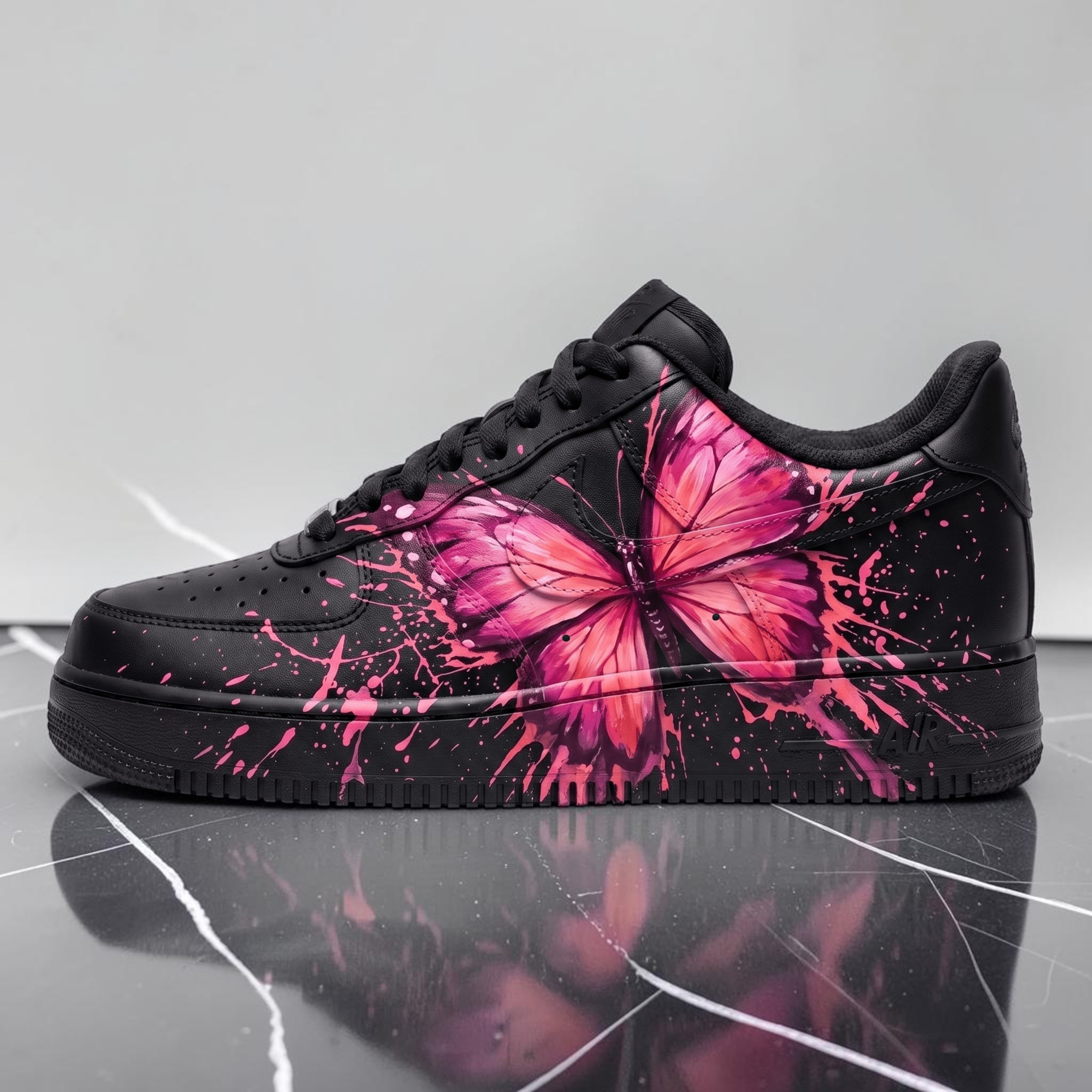 Custom Pink Butterfly Sneakers, Hand-Painted Butterfly Design Shoes, Personalized Sneakers with Vibrant Pink Splash Art, Unique Butterfly Artwork - gallery image 1