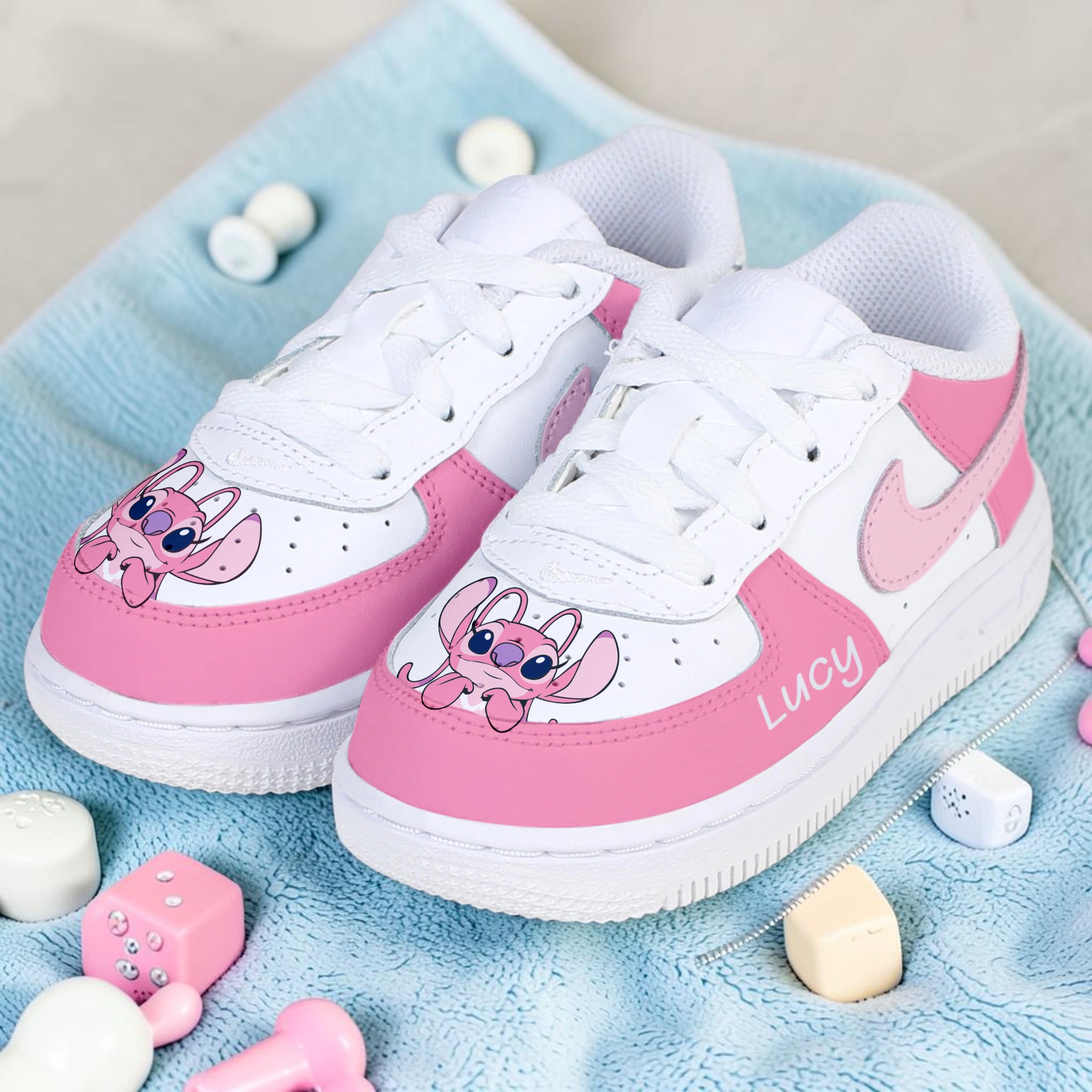 Custom Blue Pink Alien AF1 Kids Sneakers, Hand Painted White Love Alien Sneakers, Cartoon Characters Shoes, Gift for Him Her. - gallery image 2