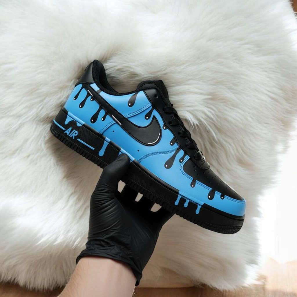 Black Blue Drip Custom Air Force 1 Sneakers, Hand Painted Black Blue Drip AF1 Shoes, Personalized Black AF1 Shoes - gallery image 1