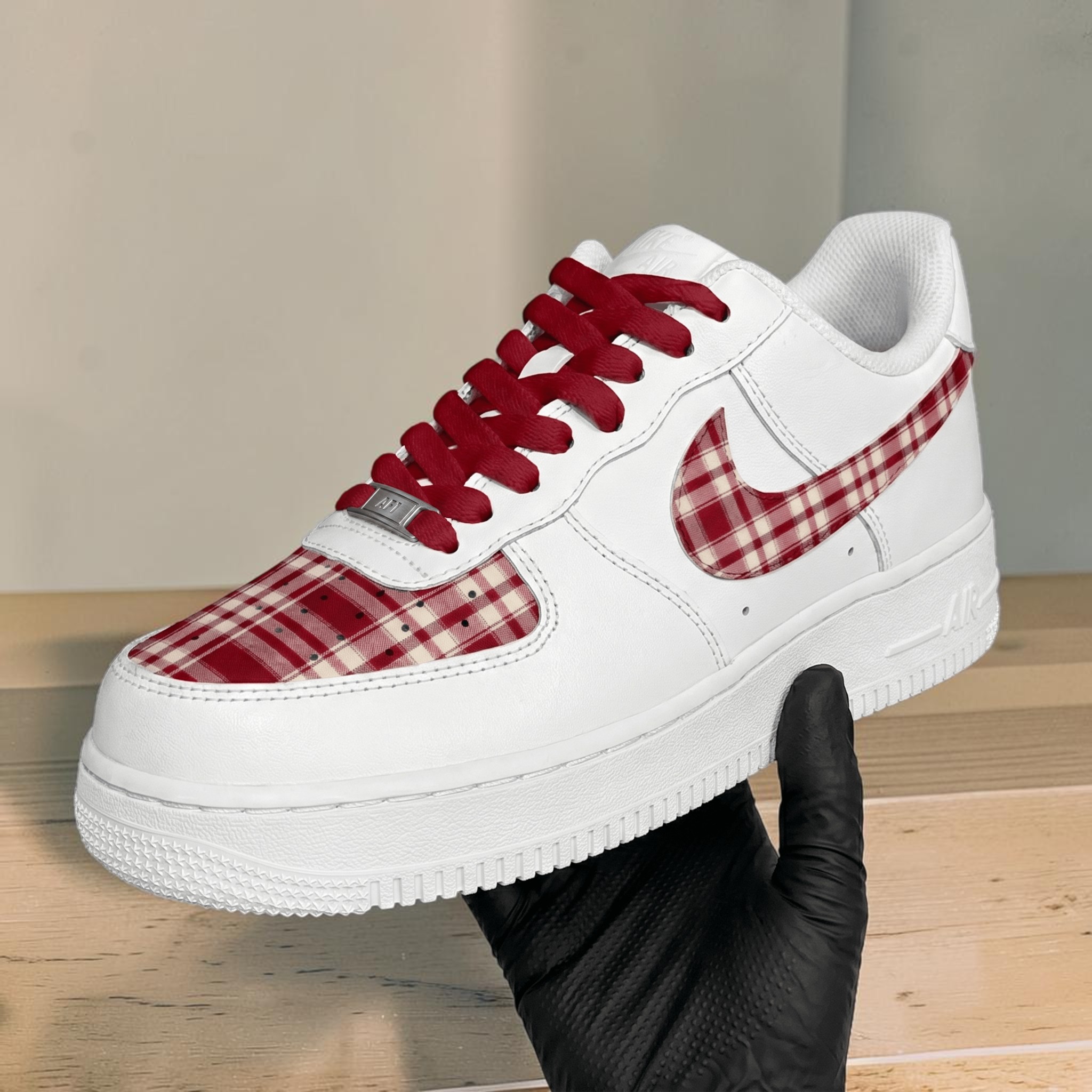 Custom Red Plaid Sneakers, Hand Painted Checkered Shoes, Vintage Aesthetic Sneakers, Unique Christmas Gift for Him/Her. - gallery image 1