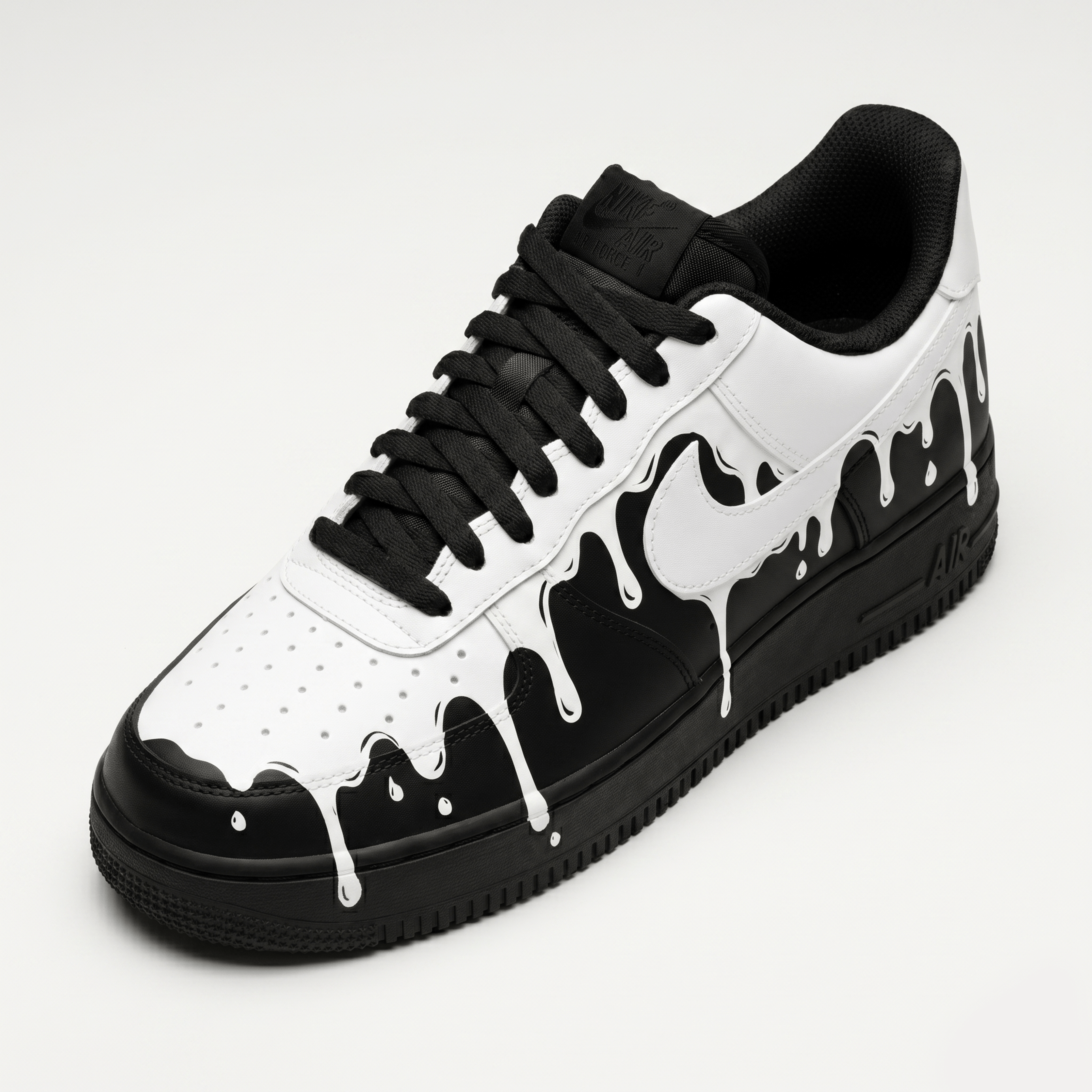 Custom White Melting Black AF1 Sneakers, Hand Painted White Drip AF1 Shoes, Unique Streetwear Shoes. - gallery image 2