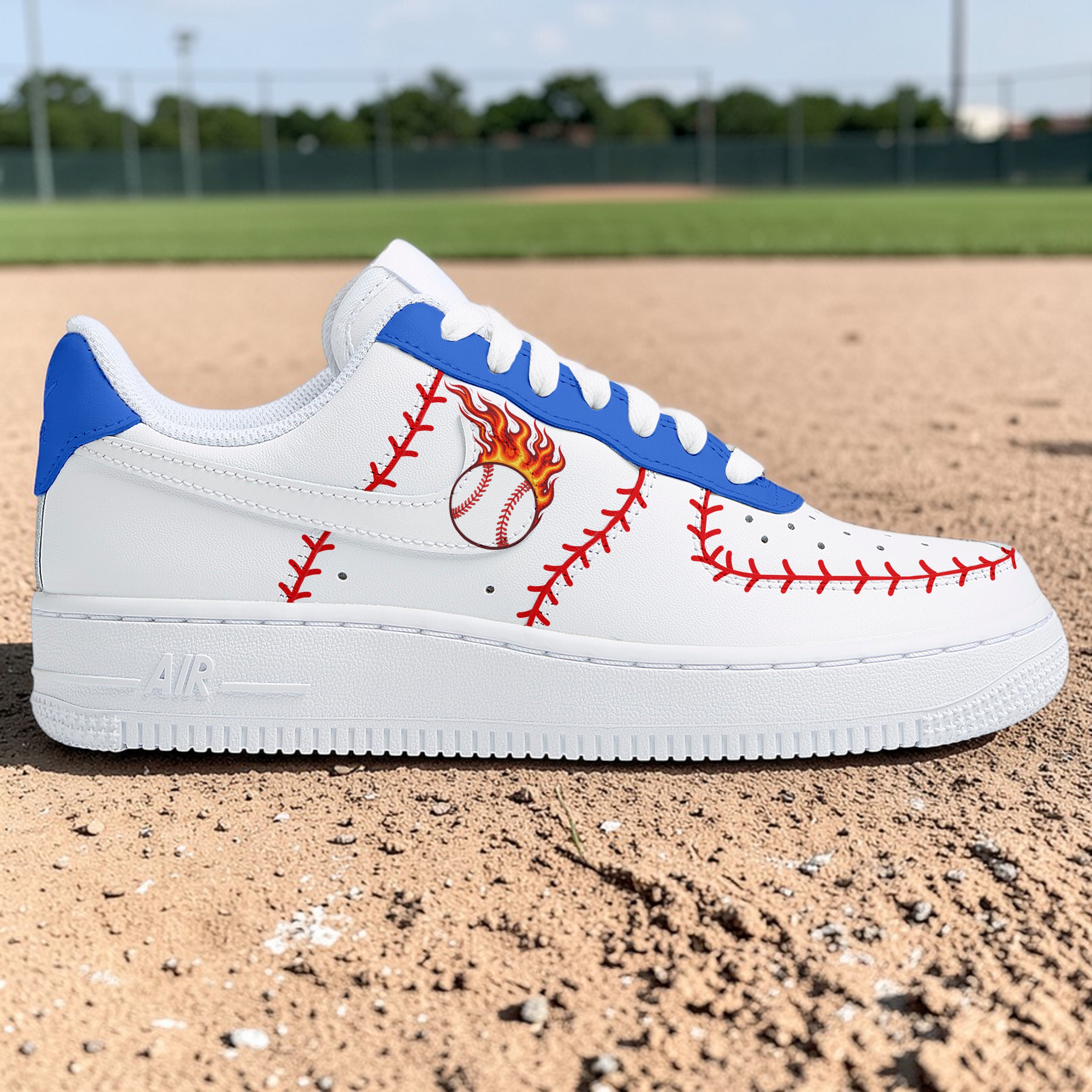 Custom Hand-Painted Baseball AF1 Sneakers, Blue White Sports Shoes - gallery image 1