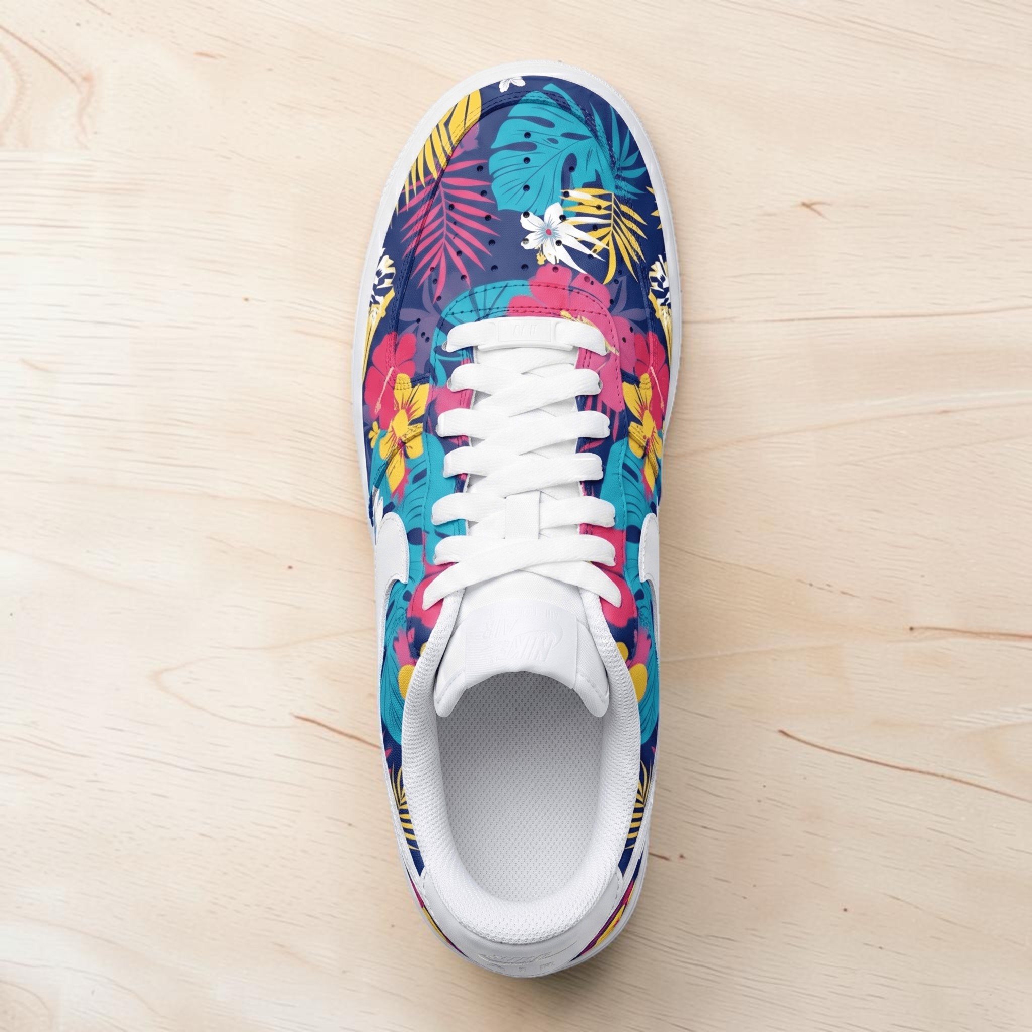 Custom Tropical Floral AF1 Sneakers, Hand-Painted White Hawaiian Hibiscus Shoes, Dark Blue Tropical Leaf Shoes. - gallery image 1