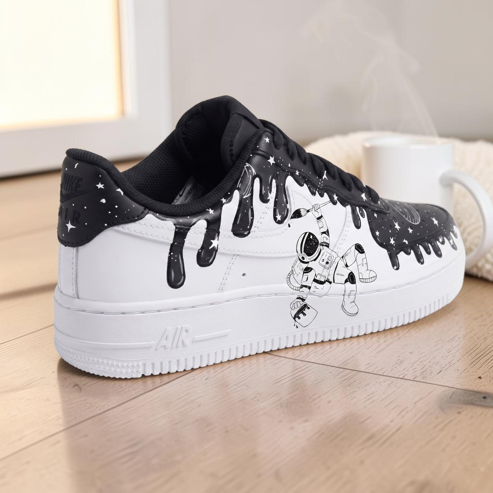 Custom Astronaut Galaxy Black Drip AF1 Sneakers, Hand-Painted Space Universe Sneakers, Black and White Astronaut Custom AF1. - gallery image 4