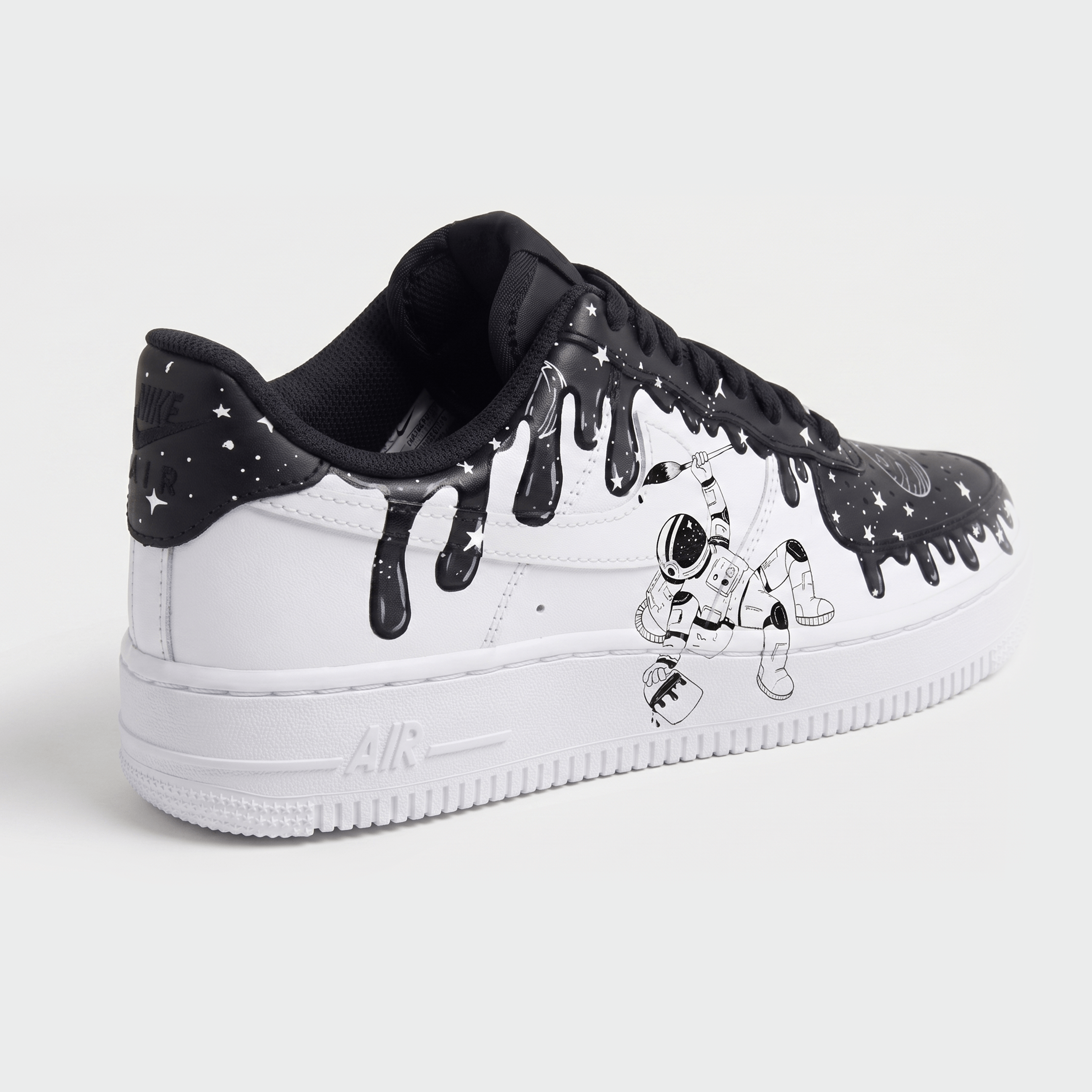 Custom Astronaut Galaxy Black Drip AF1 Sneakers, Hand-Painted Space Universe Sneakers, Black and White Astronaut Custom AF1. - gallery image 5