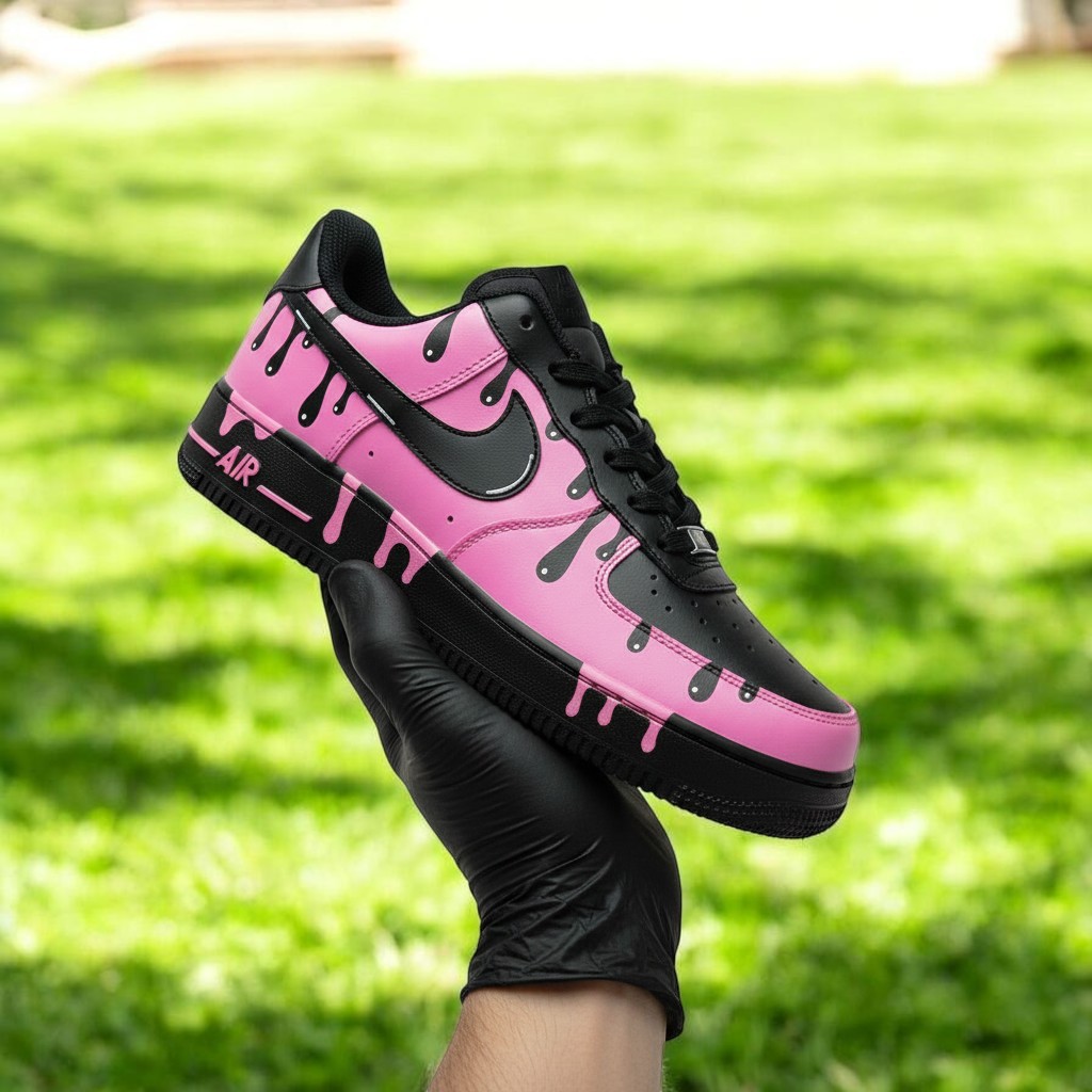 Black Pink Drip Custom Air Force 1 Sneakers, Hand Painted Black Pink Drip AF1 Shoes, Personalized Black AF1 Shoes - gallery image 1