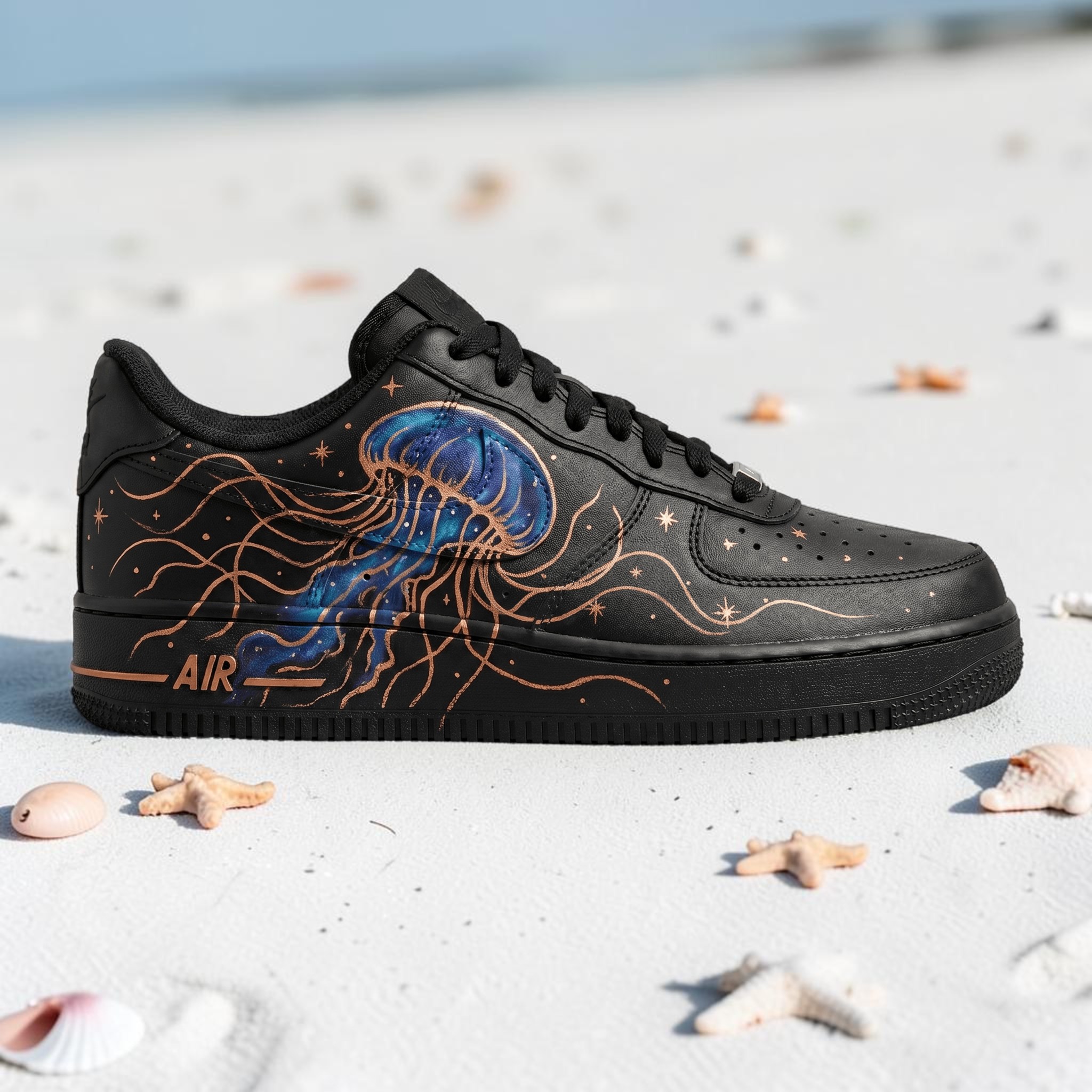 Custom Jellyfish AF1 Sneakers, Hand-Painted Ocean Blue and Gold Shoes, Custom Effect on Black AF1 Sneakers, Unique Gift for Him Her. - thumbnail