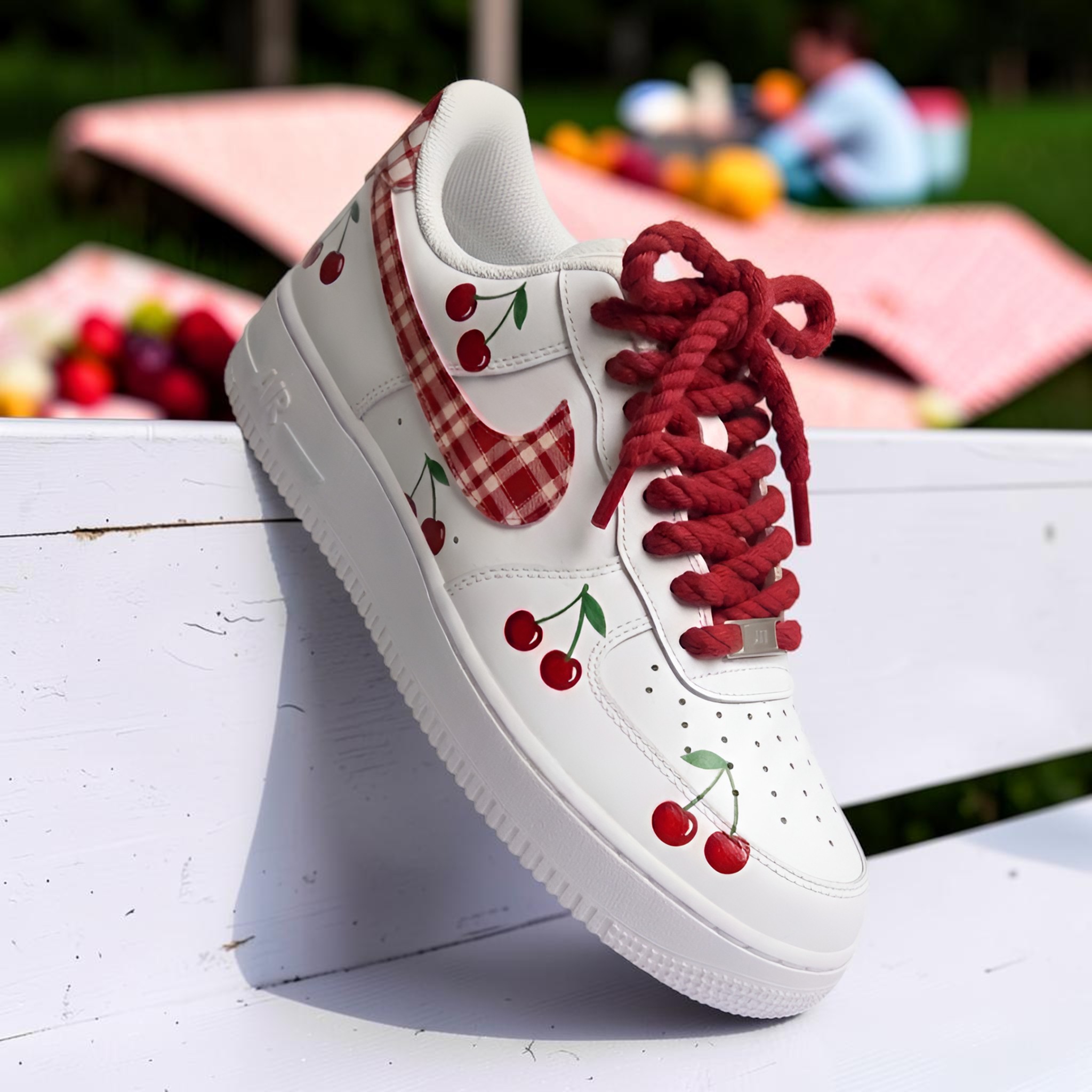 Hand-Painted Cherry and Red Plaid AF1 Sneakers, Custom Red White Shoes, Coquette Cherry Footwear, Unique Gift for Her. - gallery image 1