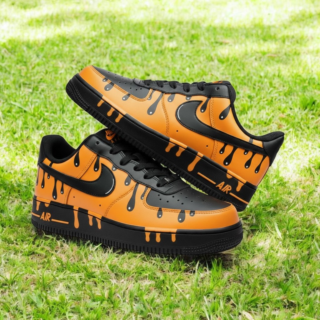 Black Orange Drip Custom Air Force 1 Sneakers, Hand Painted Black Orange Drip AF1 Shoes, Personalized Black AF1 Shoes - gallery image 1
