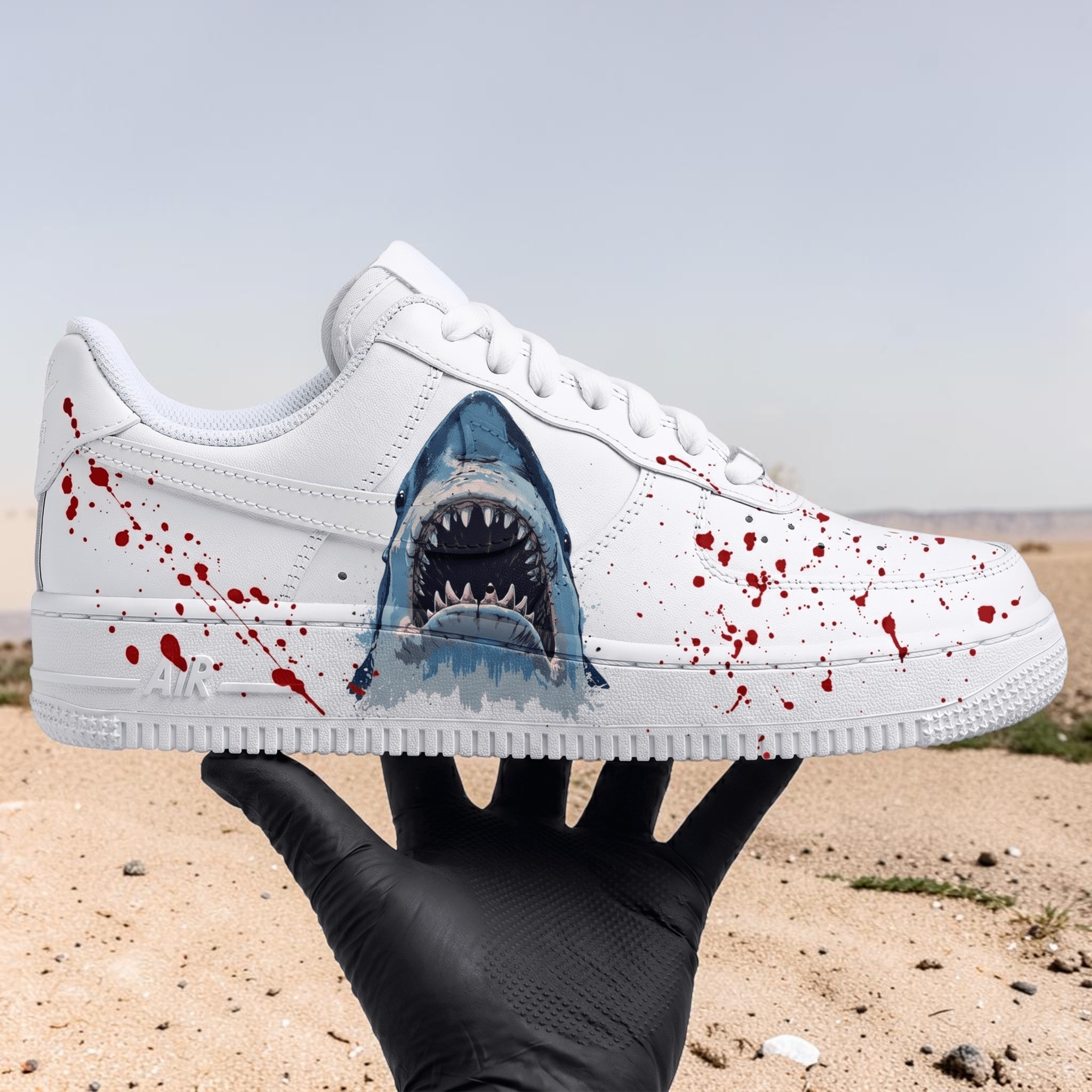 Custom White Shark AF1 Sneakers, Hand Painted Shark Attack Shoes, Blood Splatter Effect AF1, Horror Style Shoes. - gallery image 2