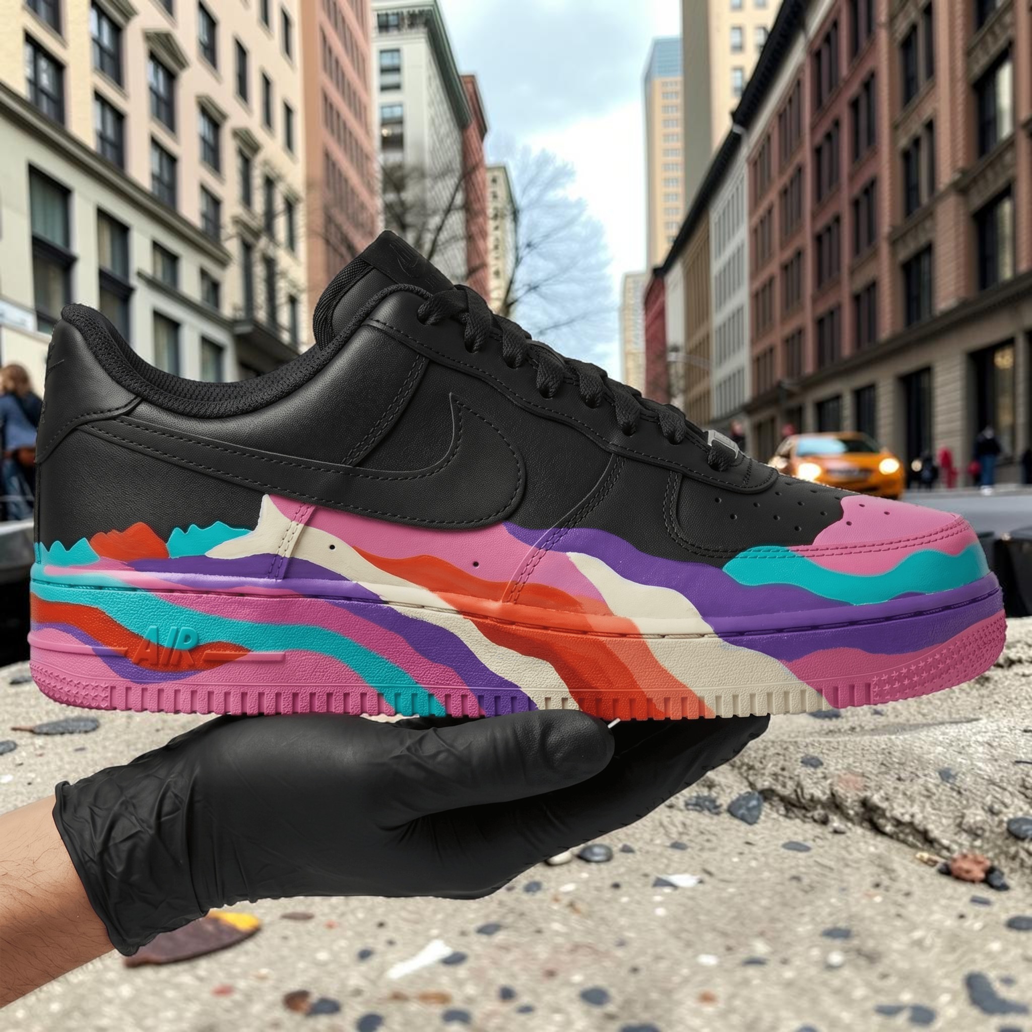 Custom Colorful Drip AF1 Sneakers, Hand Painted Colorful Black Sneakers, Unique Melting Paint Shoes, Personalized Gift for Her Him. - gallery image 1