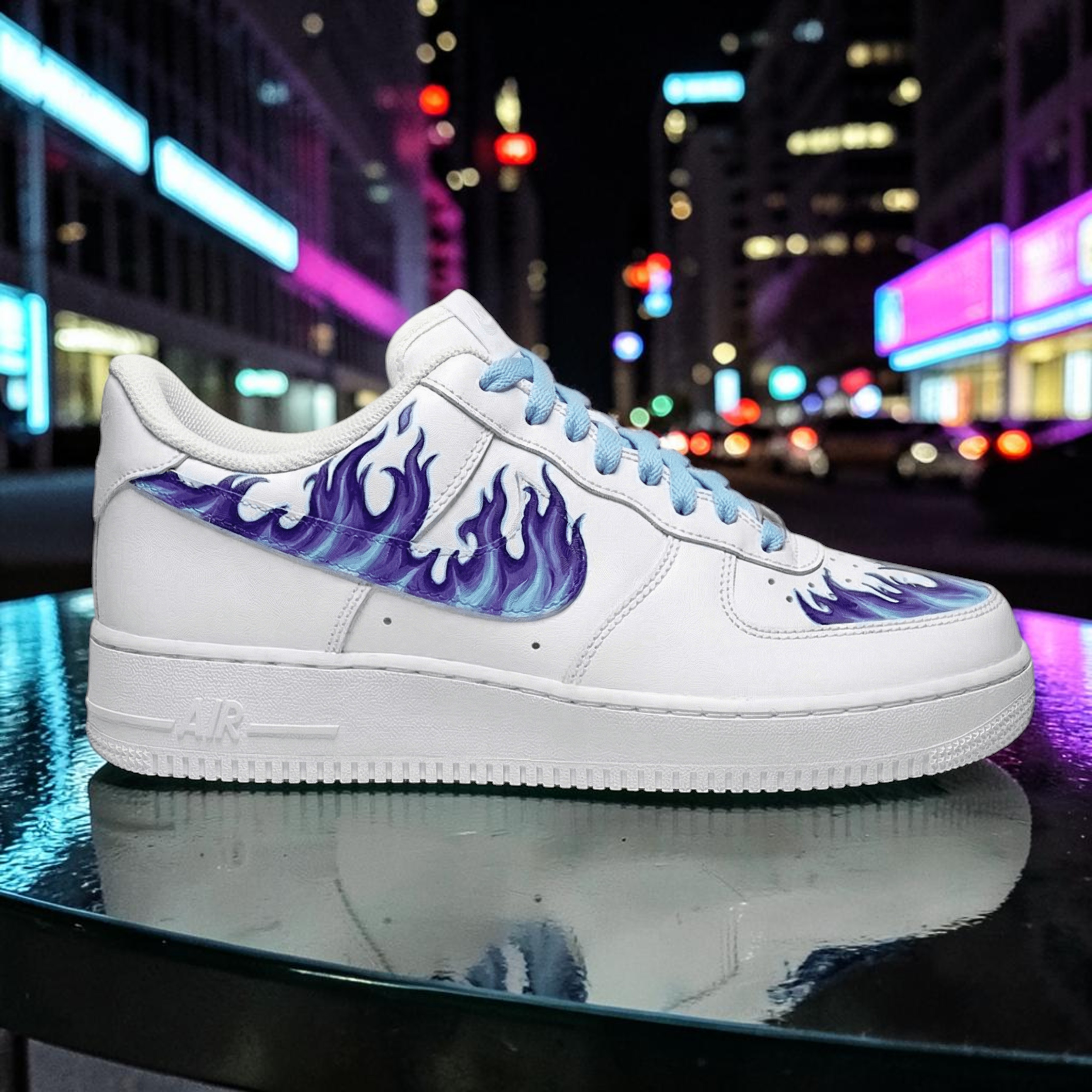 Custom Fire Gradient AF1 Sneakers, Hand Painted Purple Blue Flames, Melting Design Shoes - thumbnail