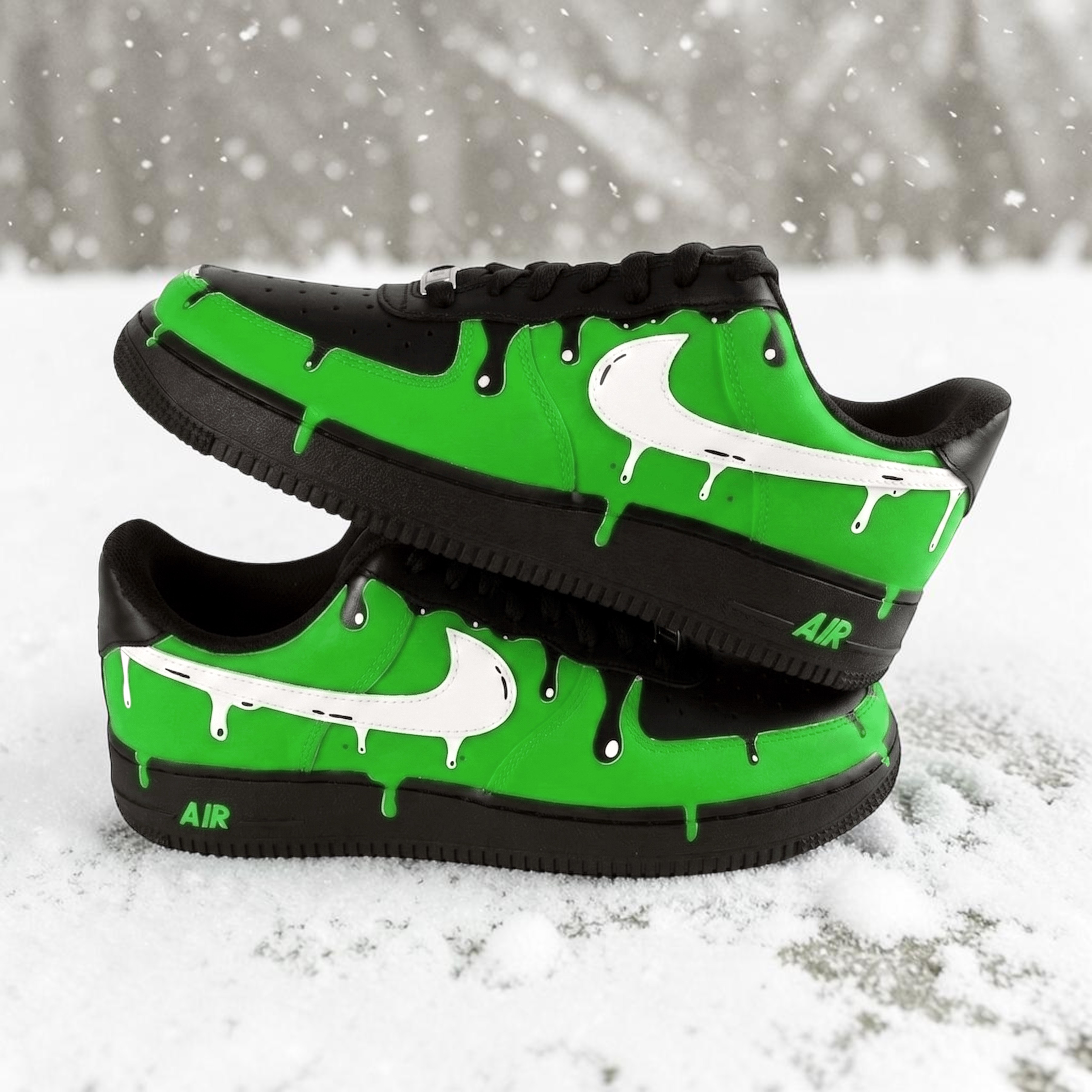 Custom Green Black Drip Sneakers,  Green Melting Paint Design Shoes, Hand Painted Green Shoes, Personalized Gift for Him Her. - gallery image 1