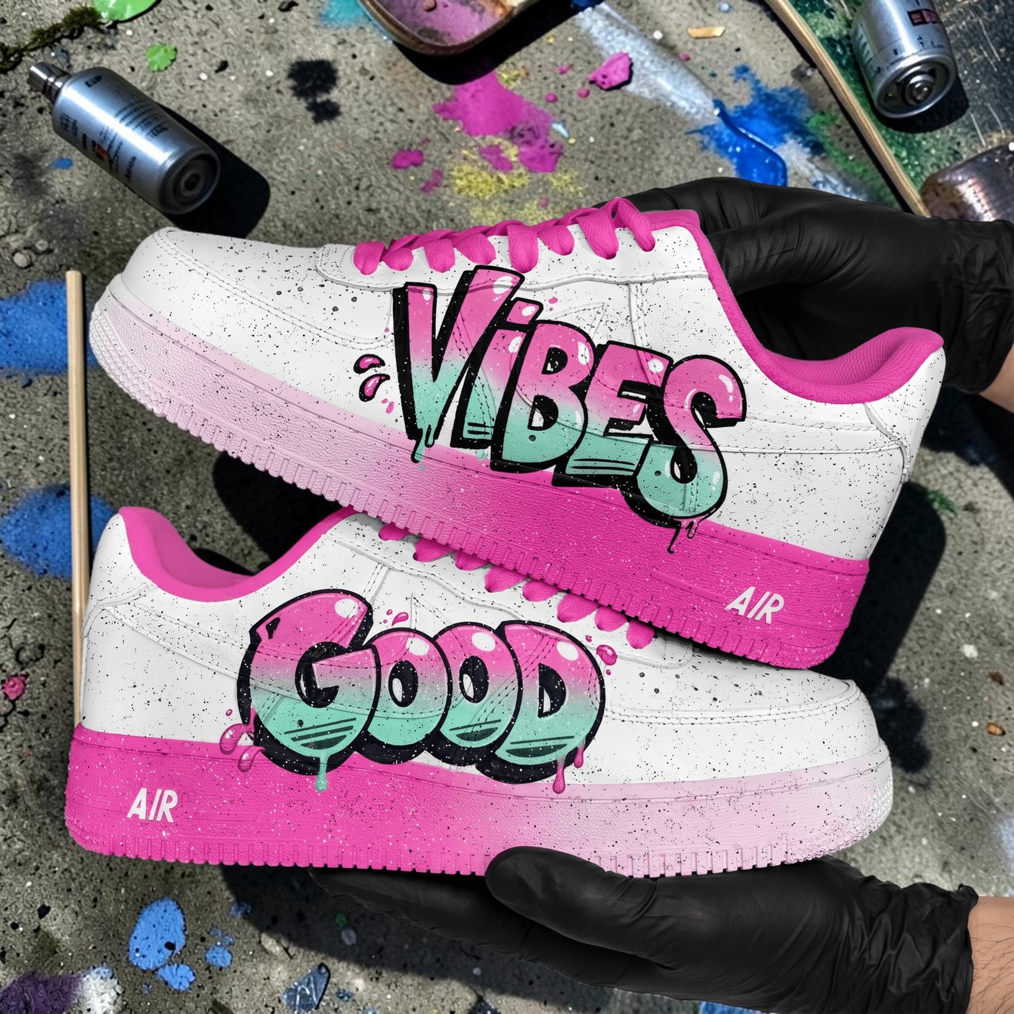 Hand Painted Good Vibes Graffiti AF1 Sneakers, Custom Hand Painted Pink Sneakers, Pink Splash Shoes, Personalized Gift for Teens & Women. - gallery image 2