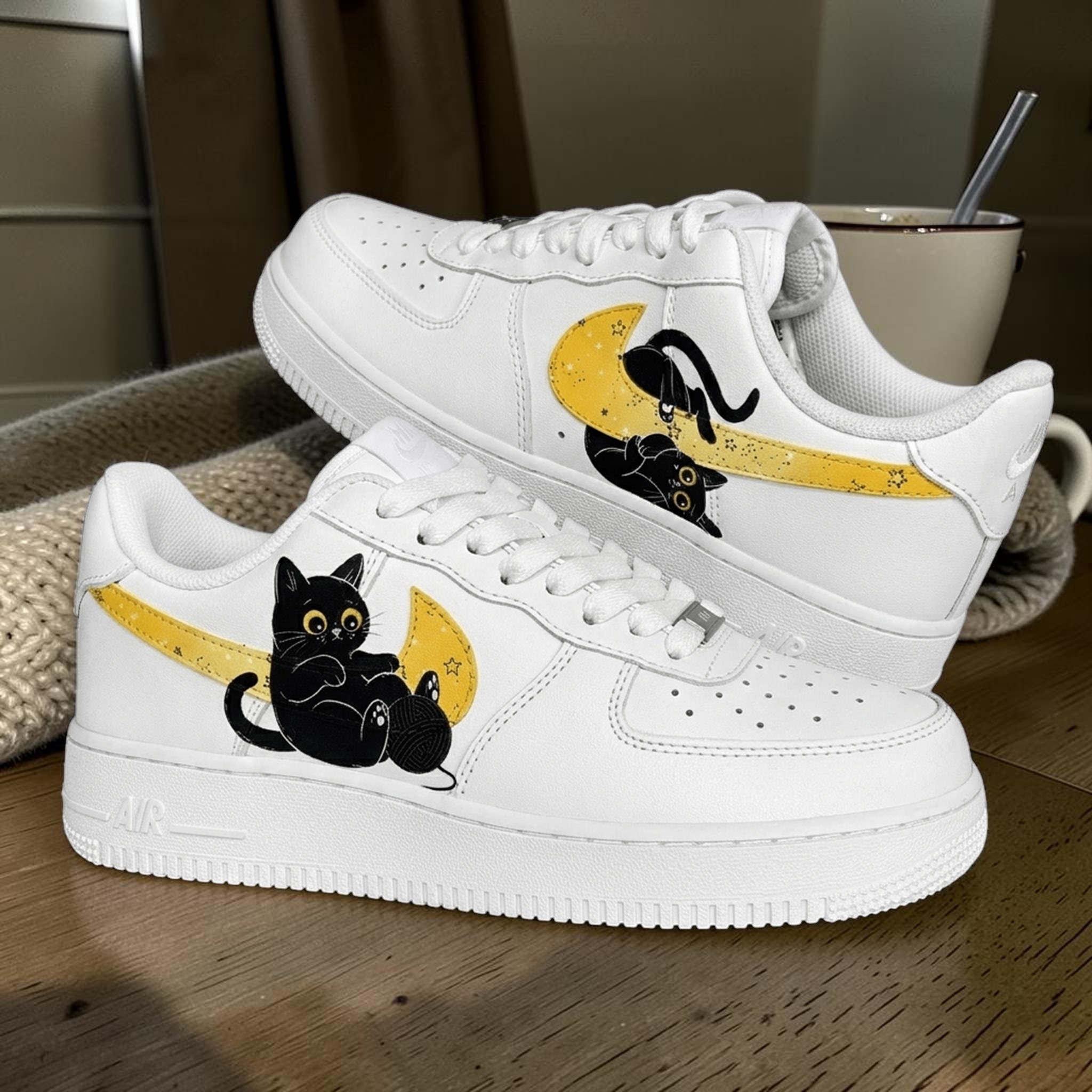 Hand Painted Black Cat AF1 Sneakers, Custom Cat Yellow Moon Shoes, Cute Animal Sneakers AF1 Sneakers, Gifts for Cat Lover. - gallery image 2