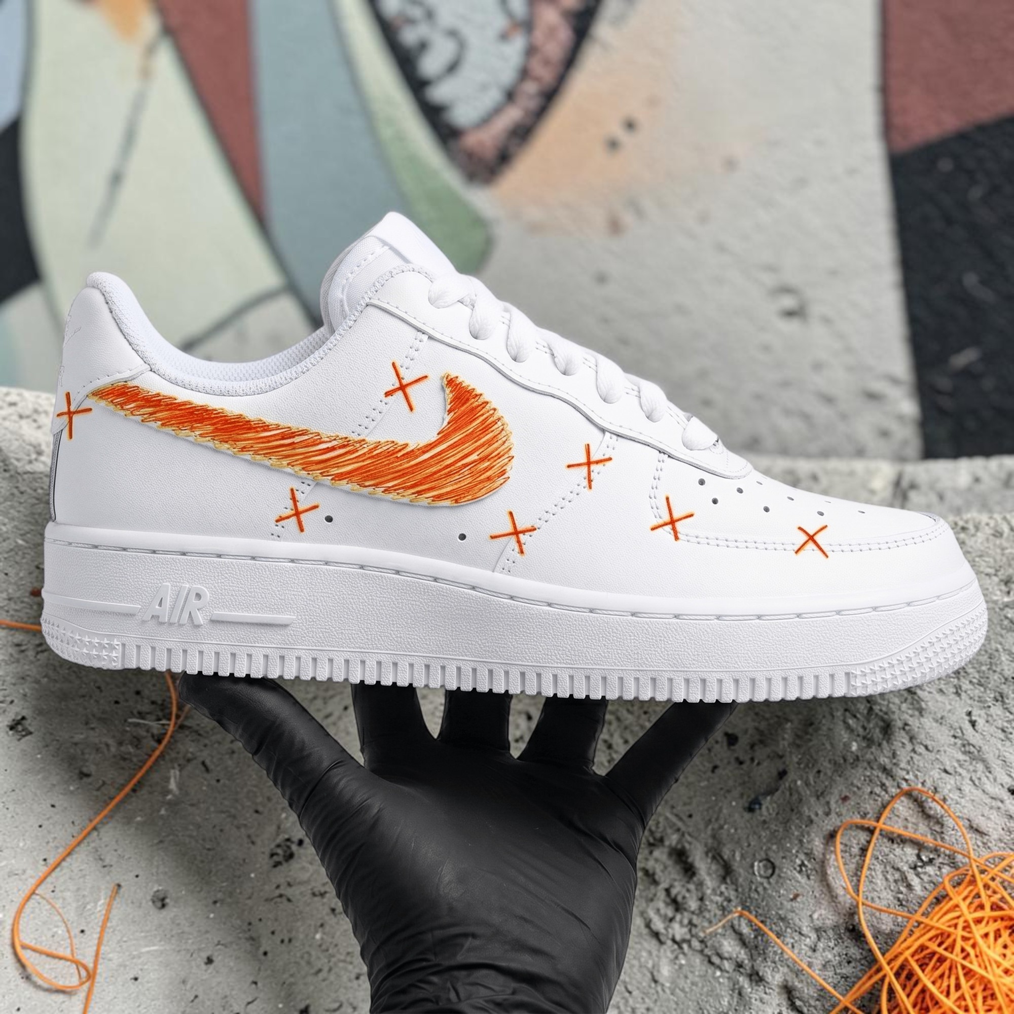 Orange Sketch Custom AF1 Sneakers, Hand Painted Style Fashion Shoes, White Orange Doodle AF1, Personalized Gift for Him Her. - gallery image 1