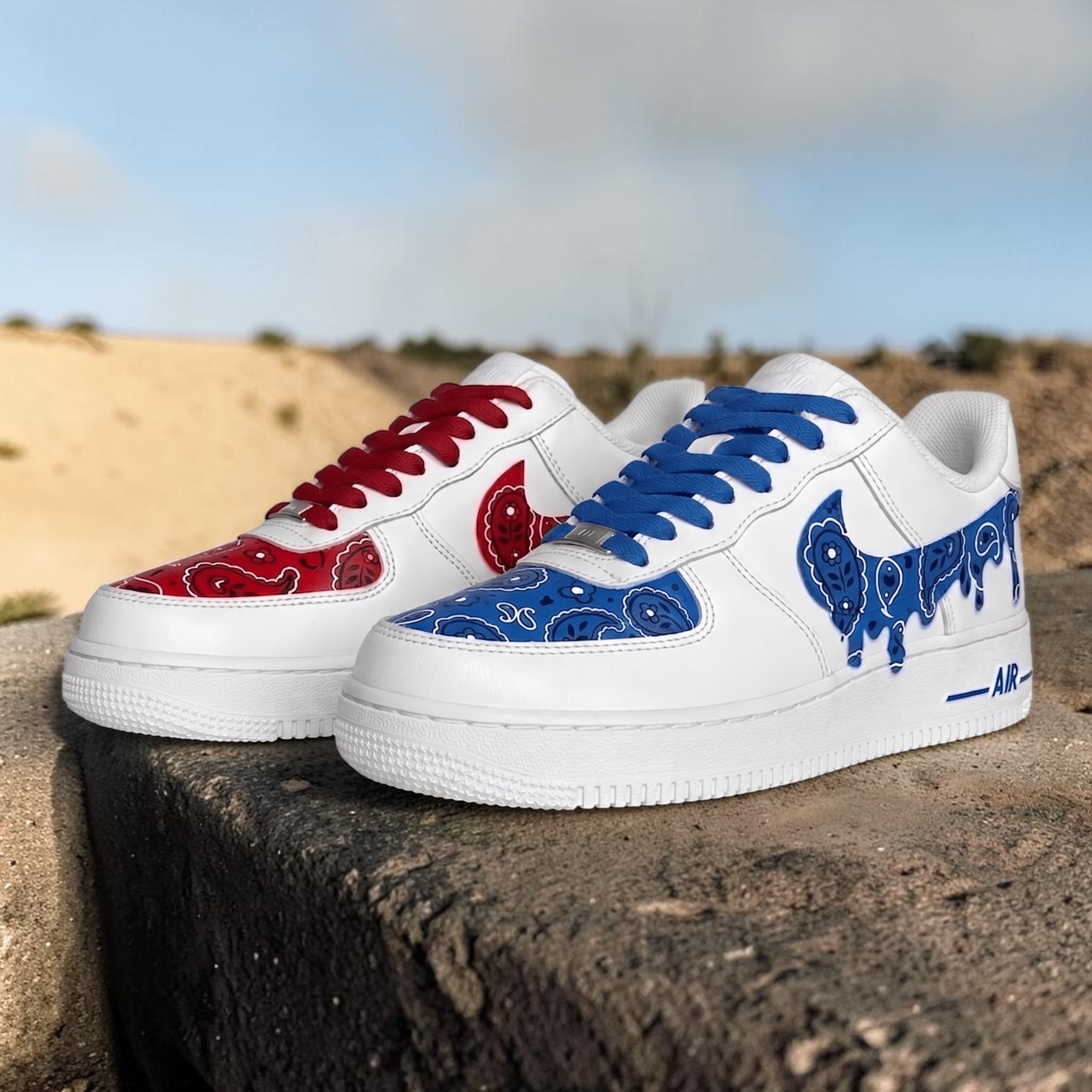 Custom Red and Blue Bandana AF1 Sneakers, Hand Painted Drip Effect Paisley Shoes, Unique White AF1 Sneakers Design, Gifts for Him and Her. - gallery image 3