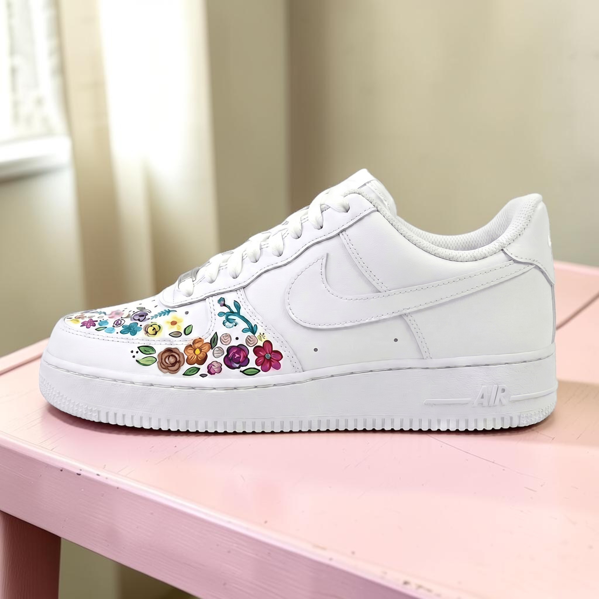 Hand Painted Floral AF1 Sneakers, Custom Colorful Flower Sneakers, White AF1 with Flowers, Minimalist Spring Style Footwear, Gift for Her. - thumbnail