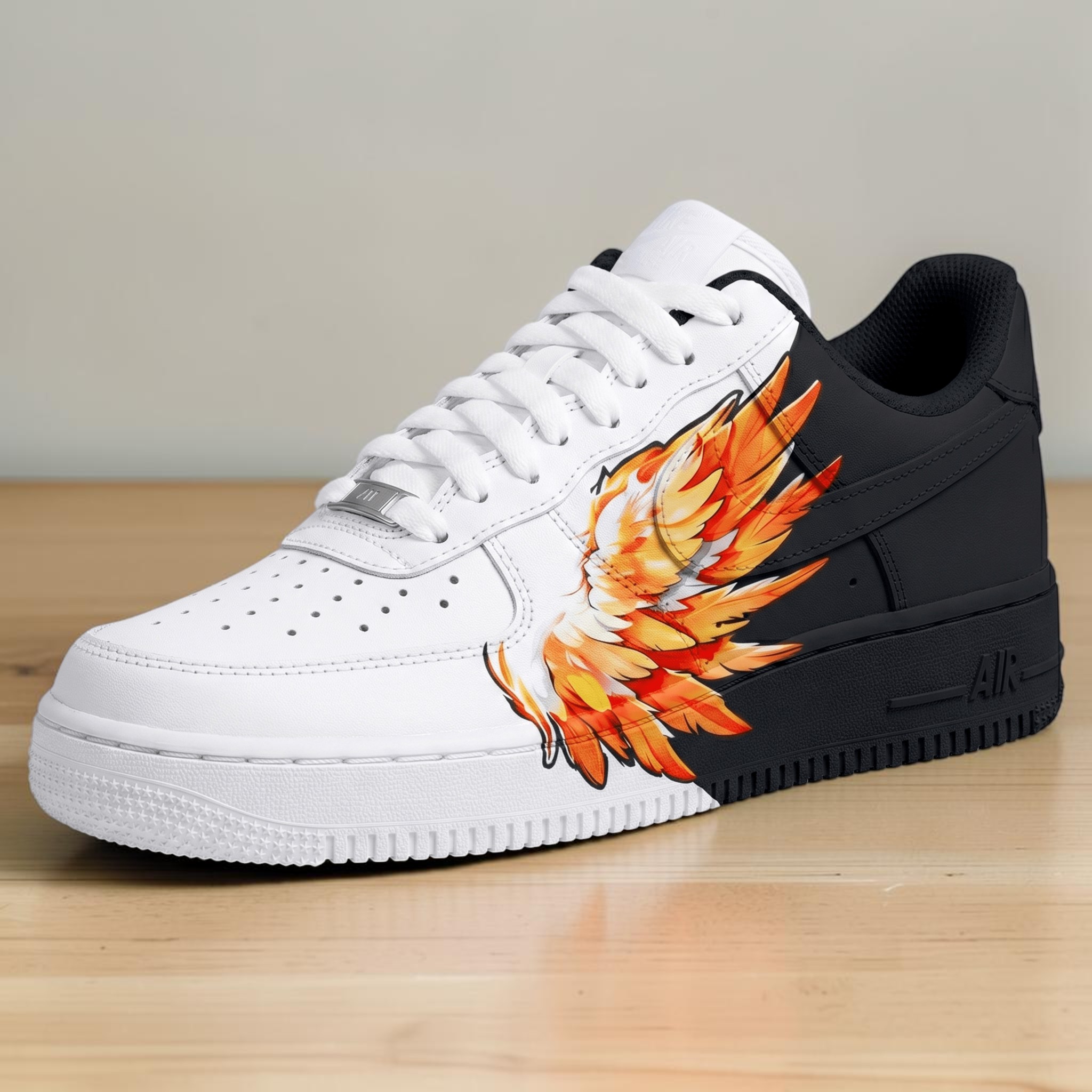 Fire Wing Custom AF1 Sneakers, Hand Painted Phoenix Wing Shoes, Split Black White AF1 Sneakers,Angel Wings AF1 Shoes, Gift for Sneakerheads - gallery image 2