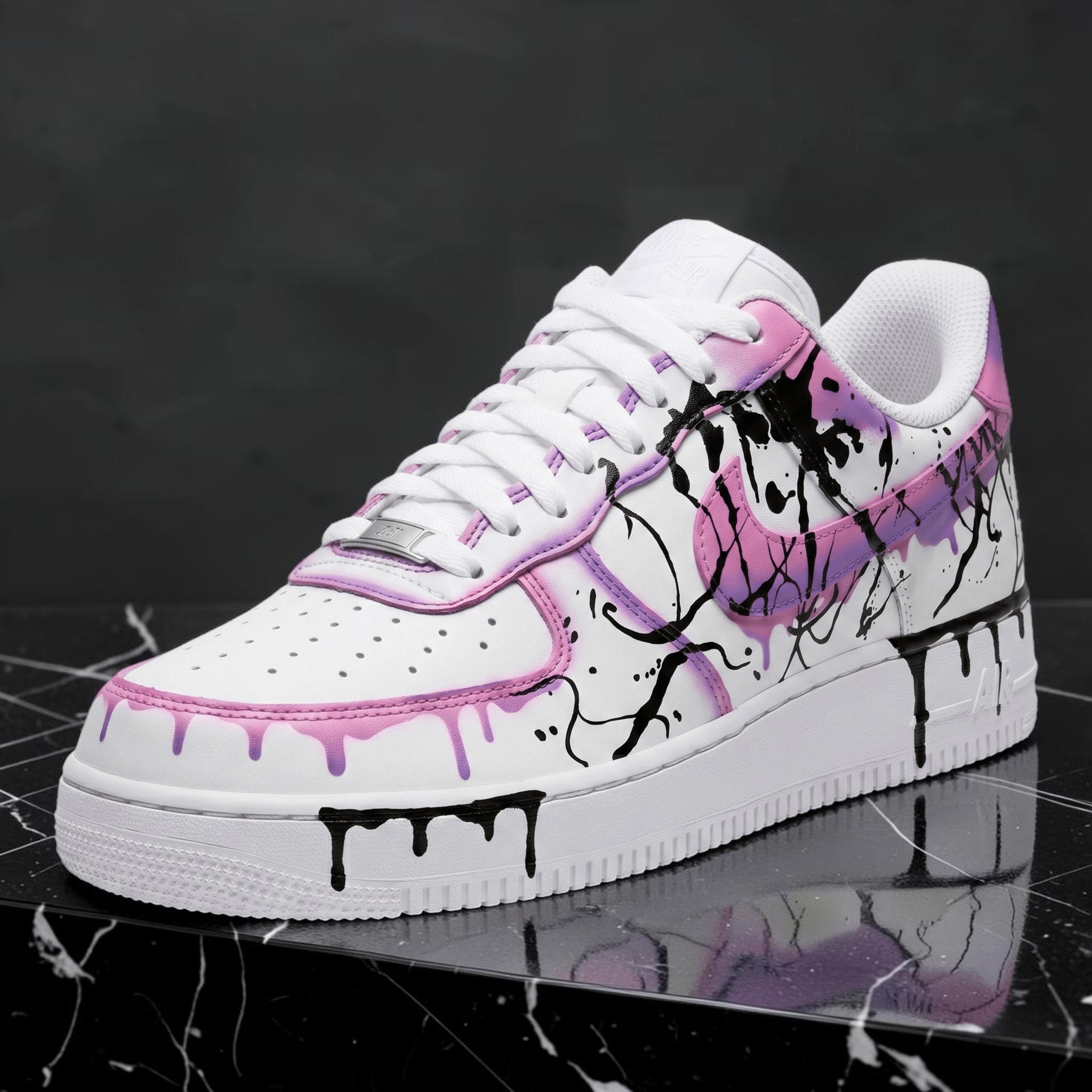 Custom Pink and Black Drip Sneakers, Hand-Painted Pink and Black Paint Drip Design Shoes, Personalized Sneakers for Art Lovers, Unique Graffiti Art - gallery image 2