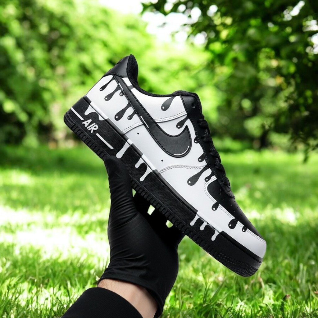 Black White Drip Custom Air Force 1 Sneakers, Hand Painted Black White Drip AF1 Shoes, Personalized Black AF1 Shoes - gallery image 1