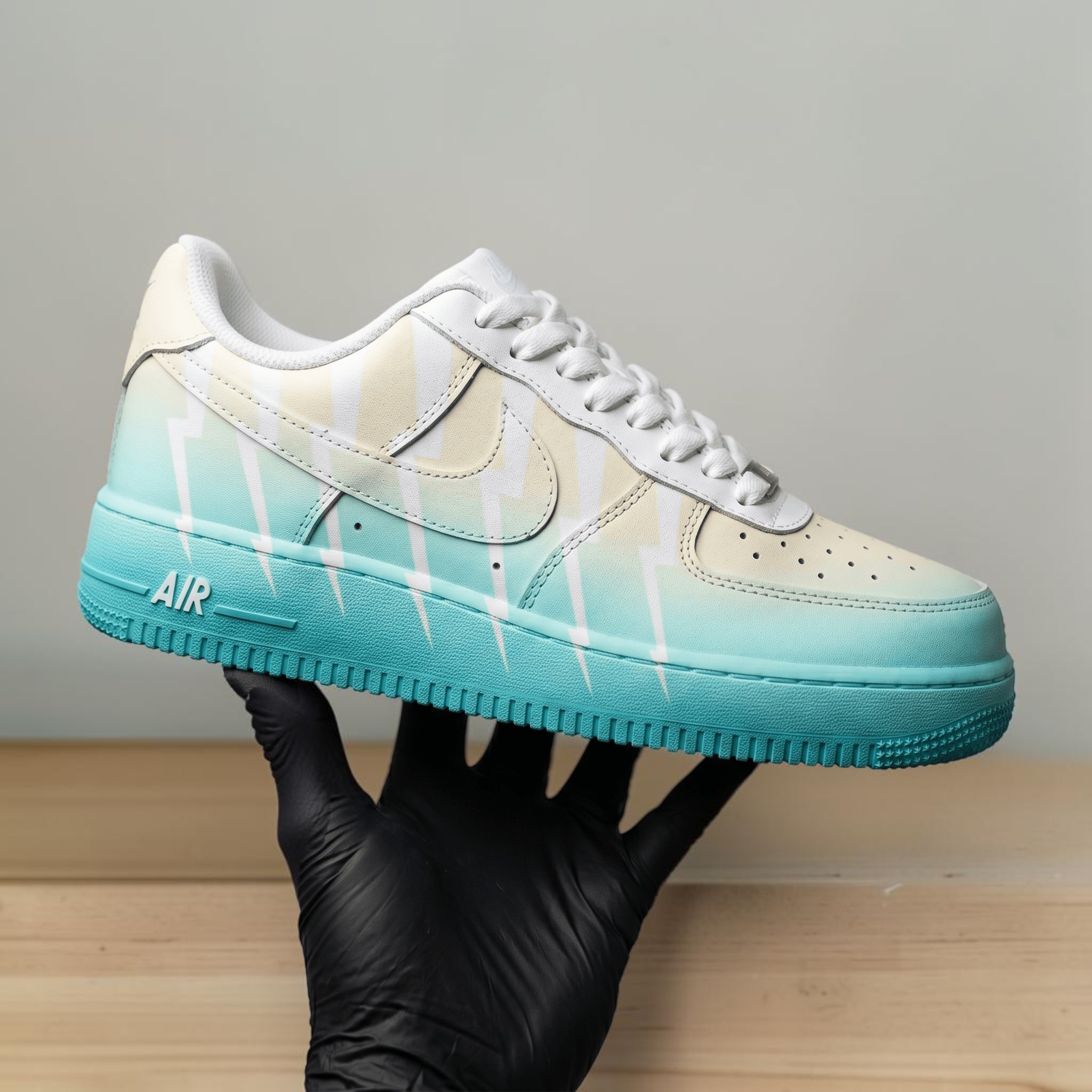 Custom Teal and Cream Gradient AF1 Sneakers, Unique Lightning Bolt Shoes, Hand Painted Lightning Bolt Design Sneakers, Gift for Sneakerheads - gallery image 1