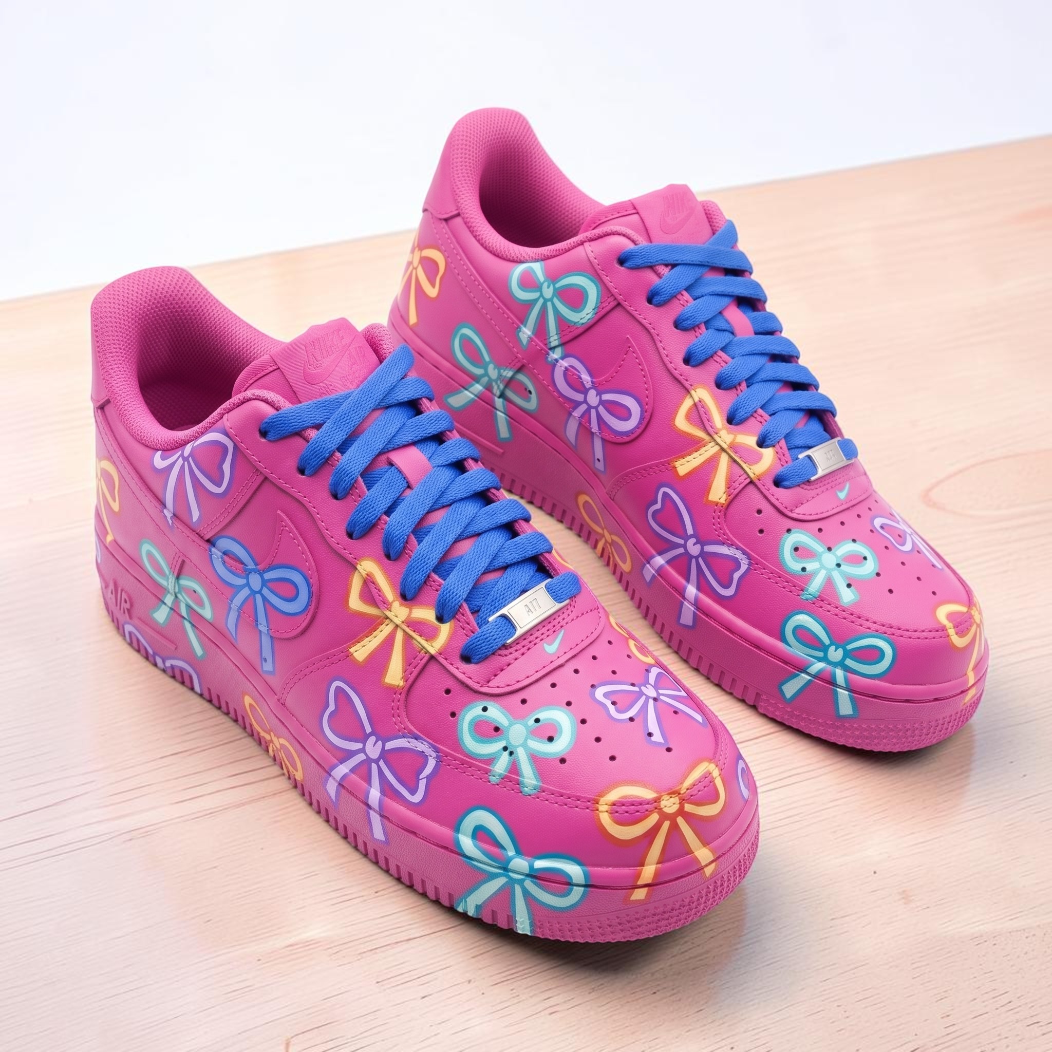 Hand Painted Cute Bow Pink AF1 Sneakers, Custom Coloful Bow Shoes, Pastel Bows AF1 Sneakers, Gift for Women and Teens. - thumbnail