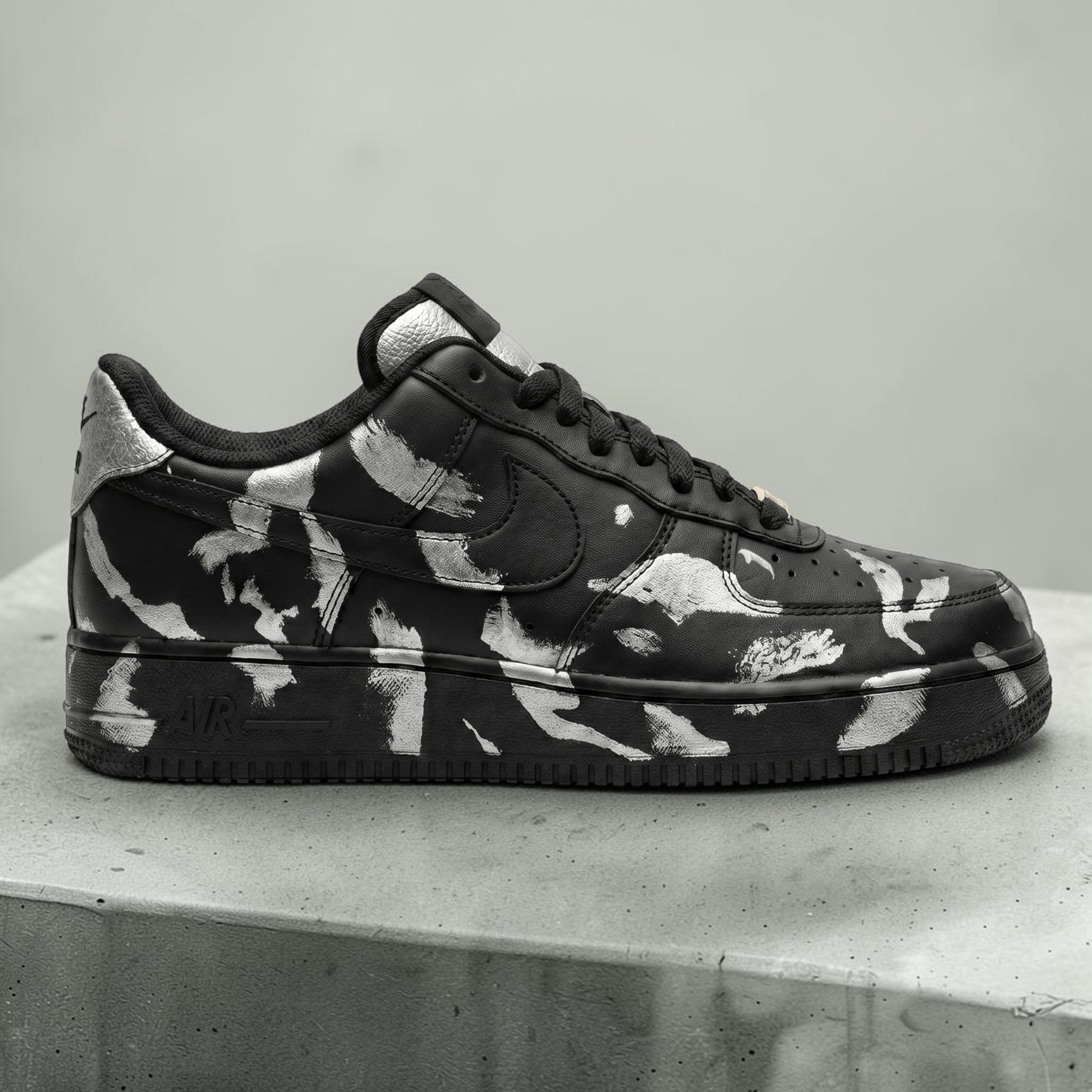 Custom Abstract Silver Sneakers, Hand-Painted Black and Silver Design Shoes, Personalized Sneakers for Art Lovers, Unique Paint Splatter Art - gallery image 1