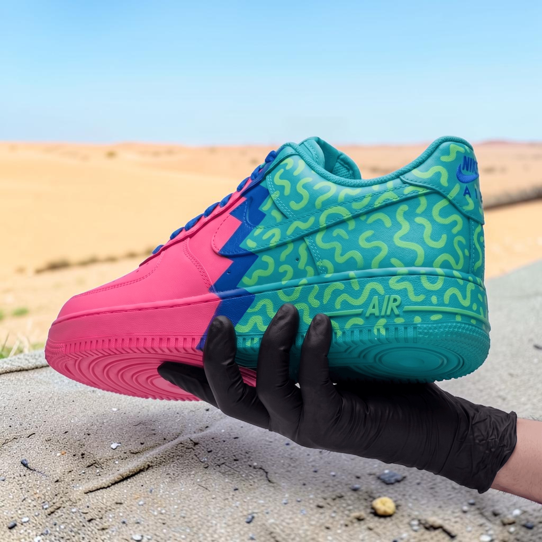 Custom Pink and Teal Gradient AF1 Sneakers, Hand-Painted Doodle Sneakers, Streetwear Shoes, Unique Split-Color Custom AF1 Design. - gallery image 2