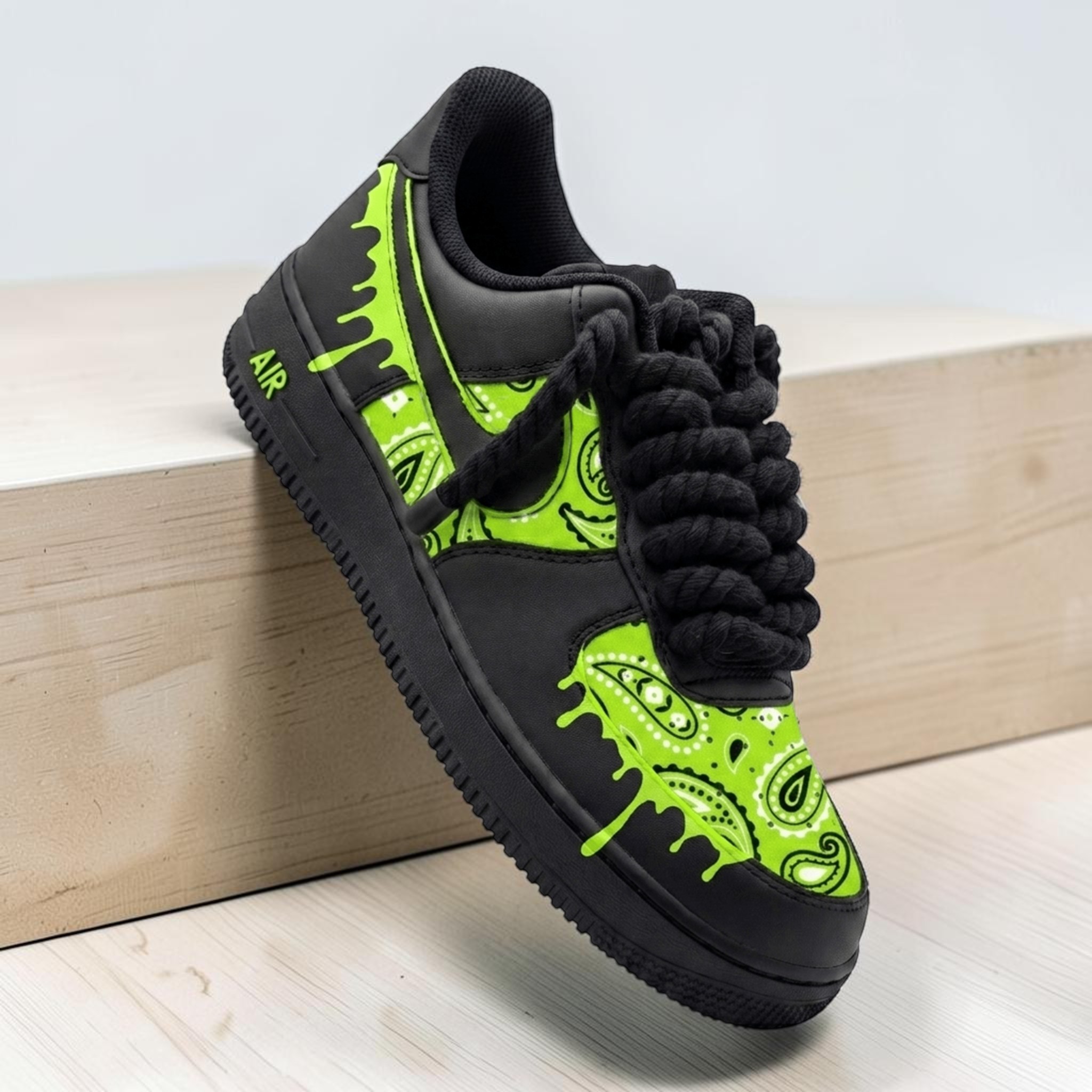 Hand-Painted Neon Green Bandana AF1 Sneakers, Custom Black and Green Drip Shoes, Paisley Custom AF1 Sneakers, Unique Urban Style Shoes. - gallery image 2