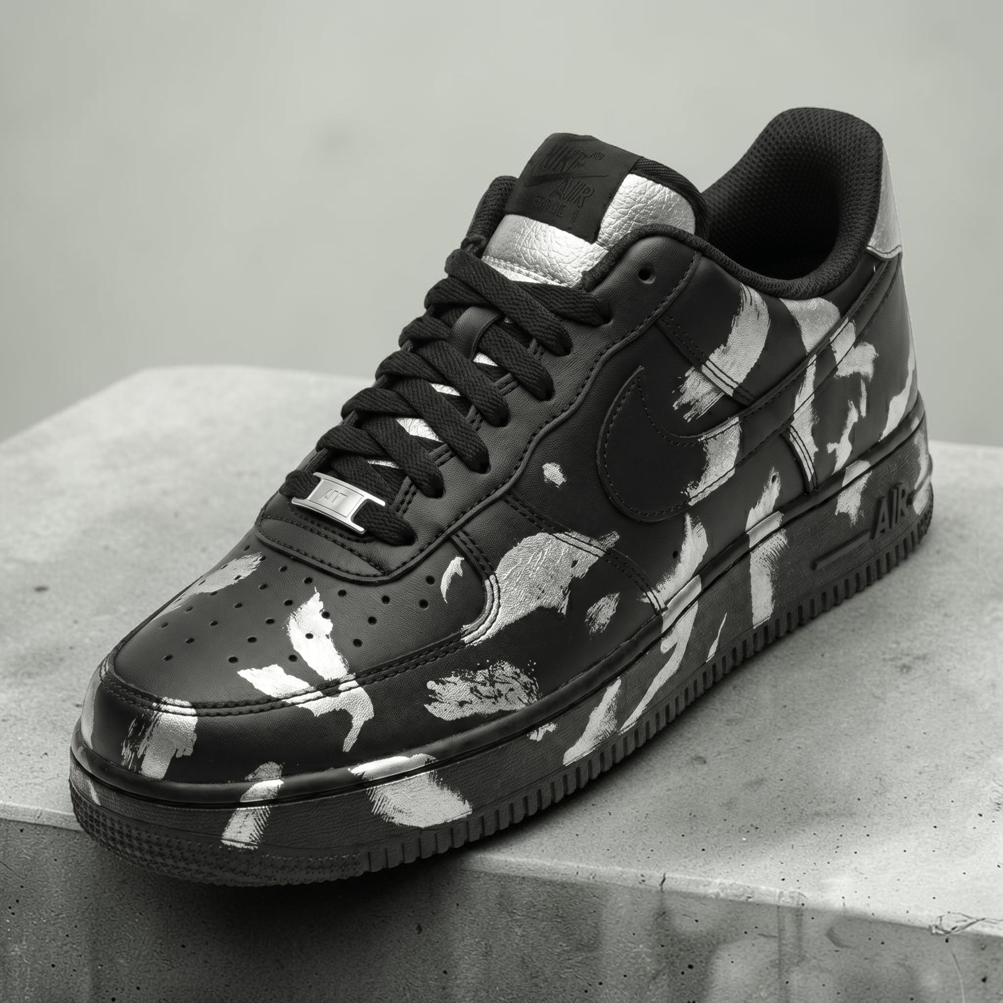 Custom Abstract Silver Sneakers, Hand-Painted Black and Silver Design Shoes, Personalized Sneakers for Art Lovers, Unique Paint Splatter Art - gallery image 2